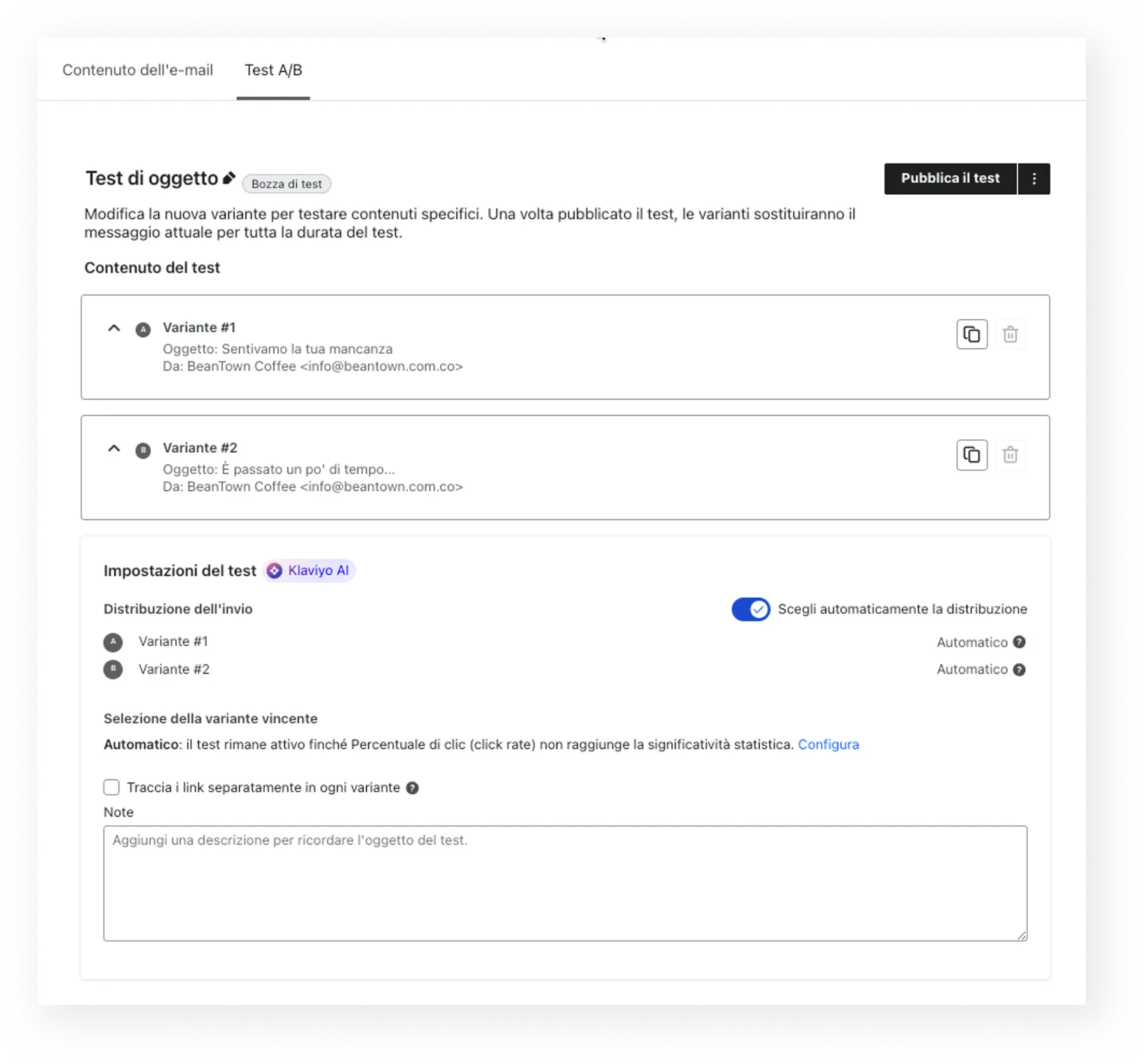 Esempio che illustra come un test A/B appare nei flussi, con due varianti della stessa e-mail.