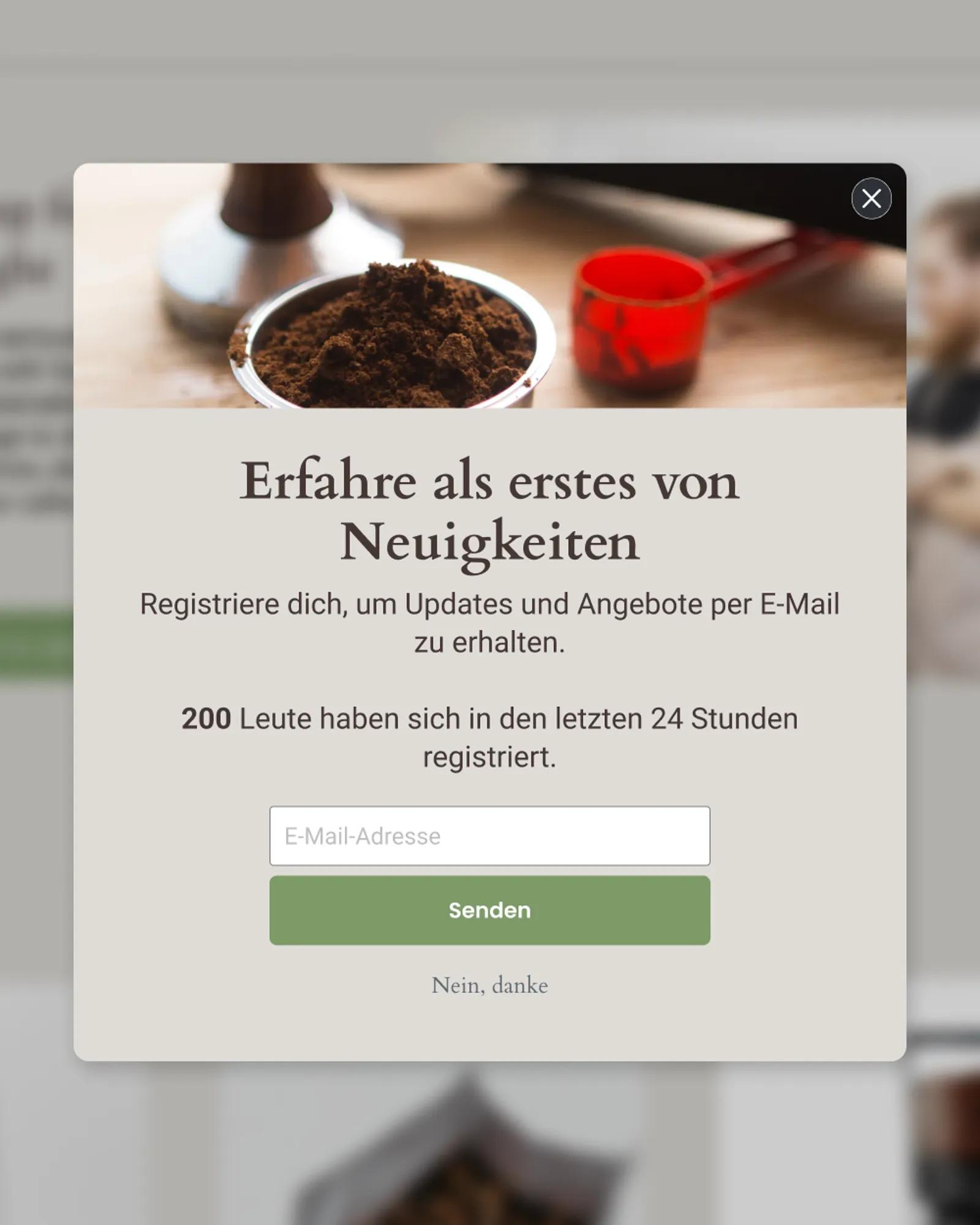 Beispielhaftes Anmeldeformular von Beantown Coffee, aus dem hervorgeht, dass sich in den letzten 24 Stunden 200 Personen registriert haben