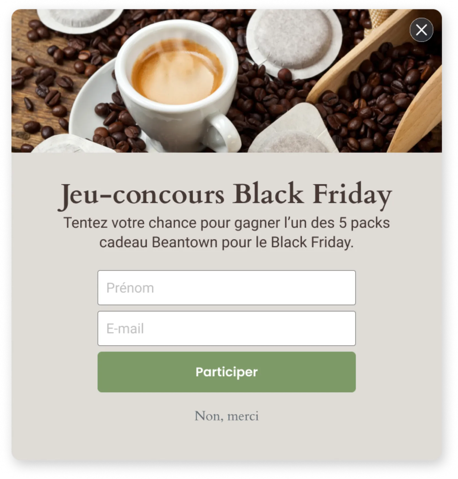 Exemple de concours Beantown encourageant les clients à s’inscrire pour gagner un pack cadeau Beantown exclusif