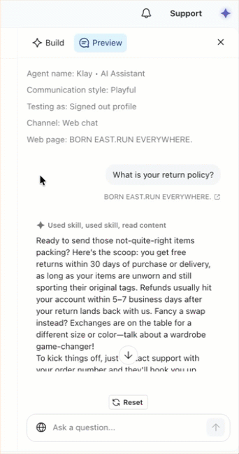 Previewing Customer agent by viewing the sources the responses came from.
