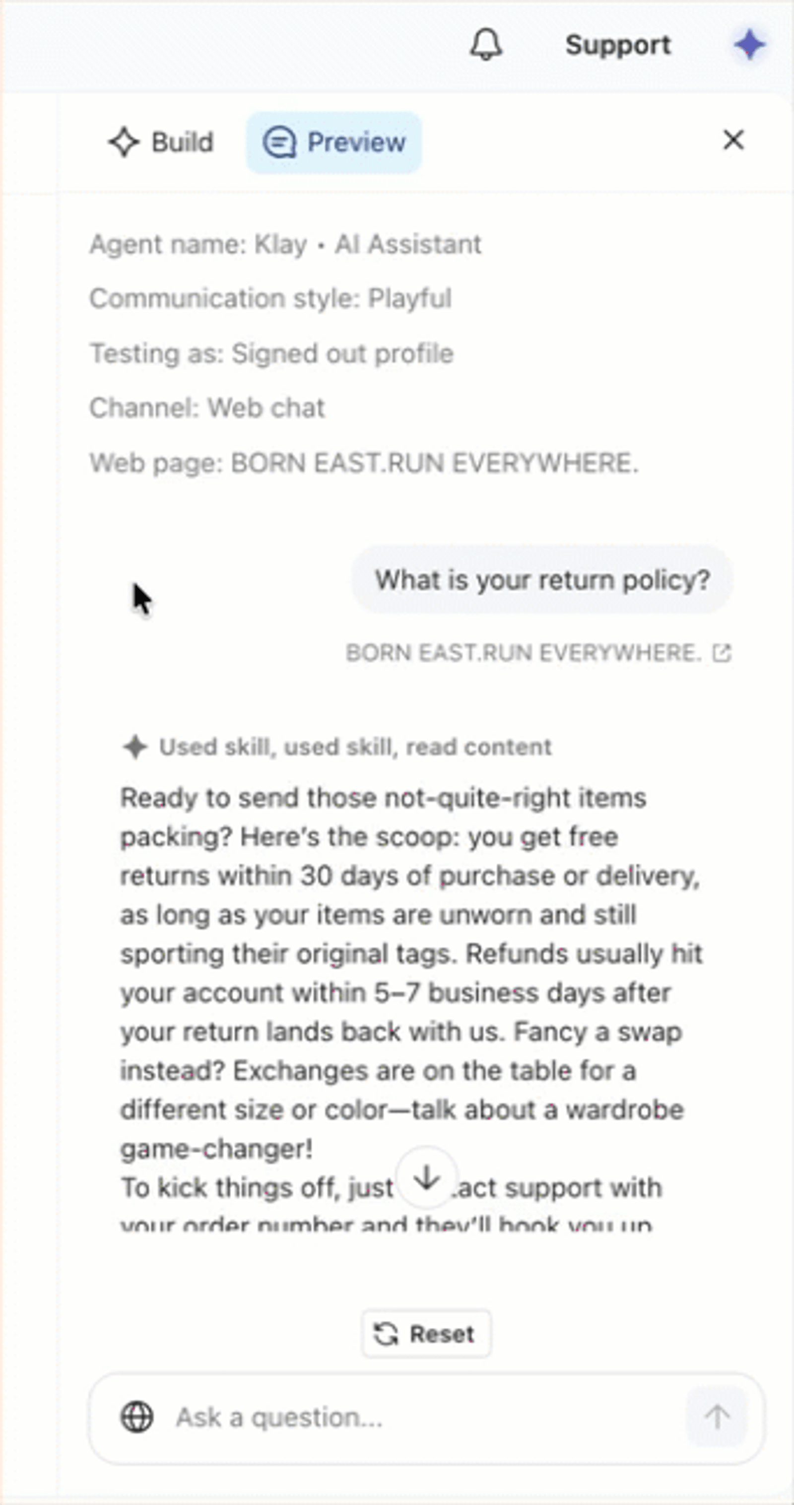 Previewing Customer agent by viewing the sources the responses came from.