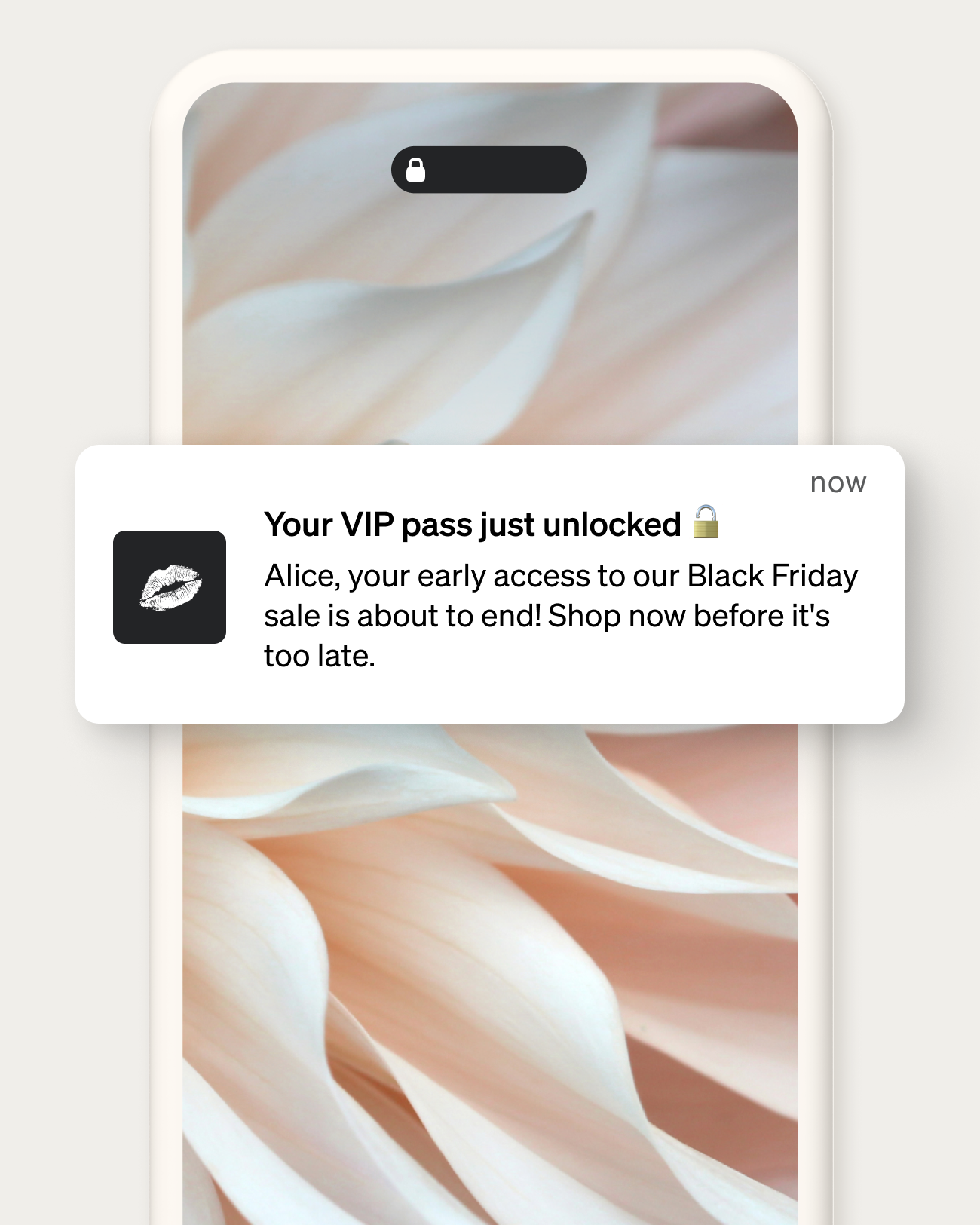 A smartphone displays a notification: "Your VIP pass just unlocked" with a lips icon, urging Alice to shop the Black Friday sale before her early access ends.