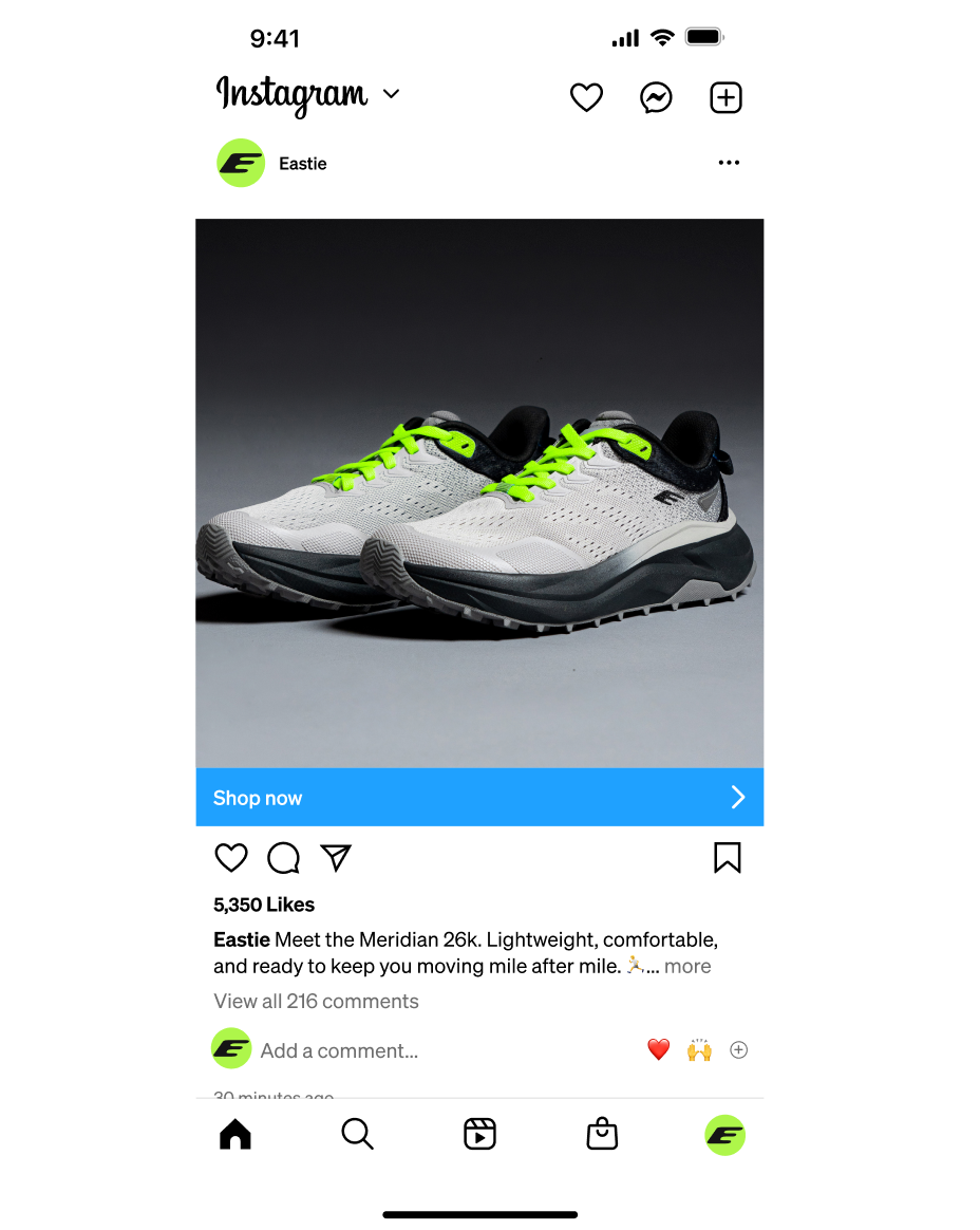 Instagram post featuring light grey and black running shoes with neon green laces.