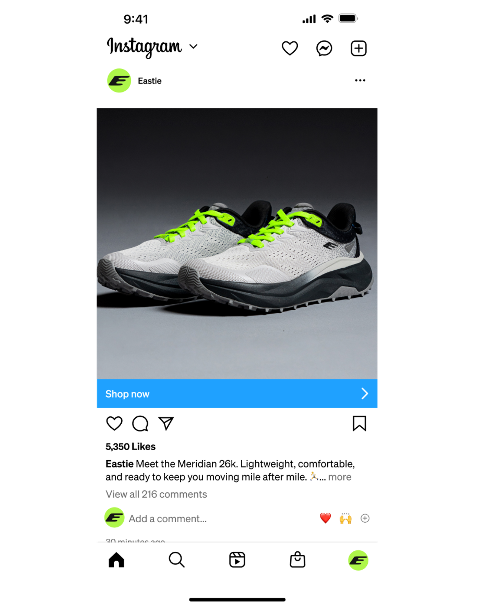 Instagram post featuring light grey and black running shoes with neon green laces.