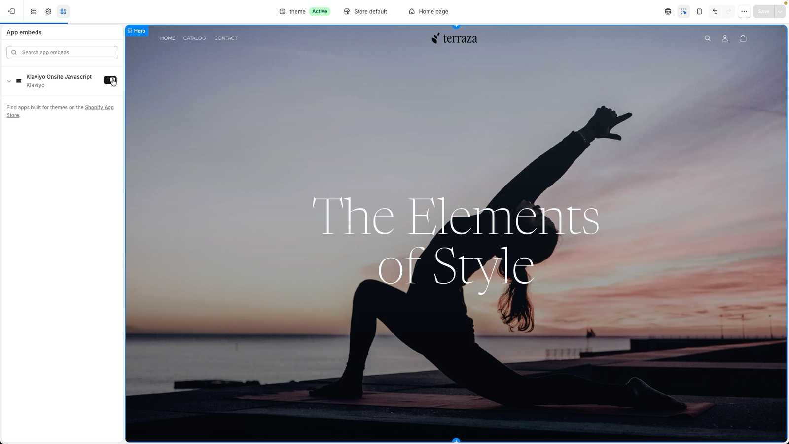 Shopify theme editor with "App embeds" sidebar showing "Klaviyo Onsite Javascript" and a website preview featuring a yoga pose silhouette against a sunset with "The Elements of Style" text.