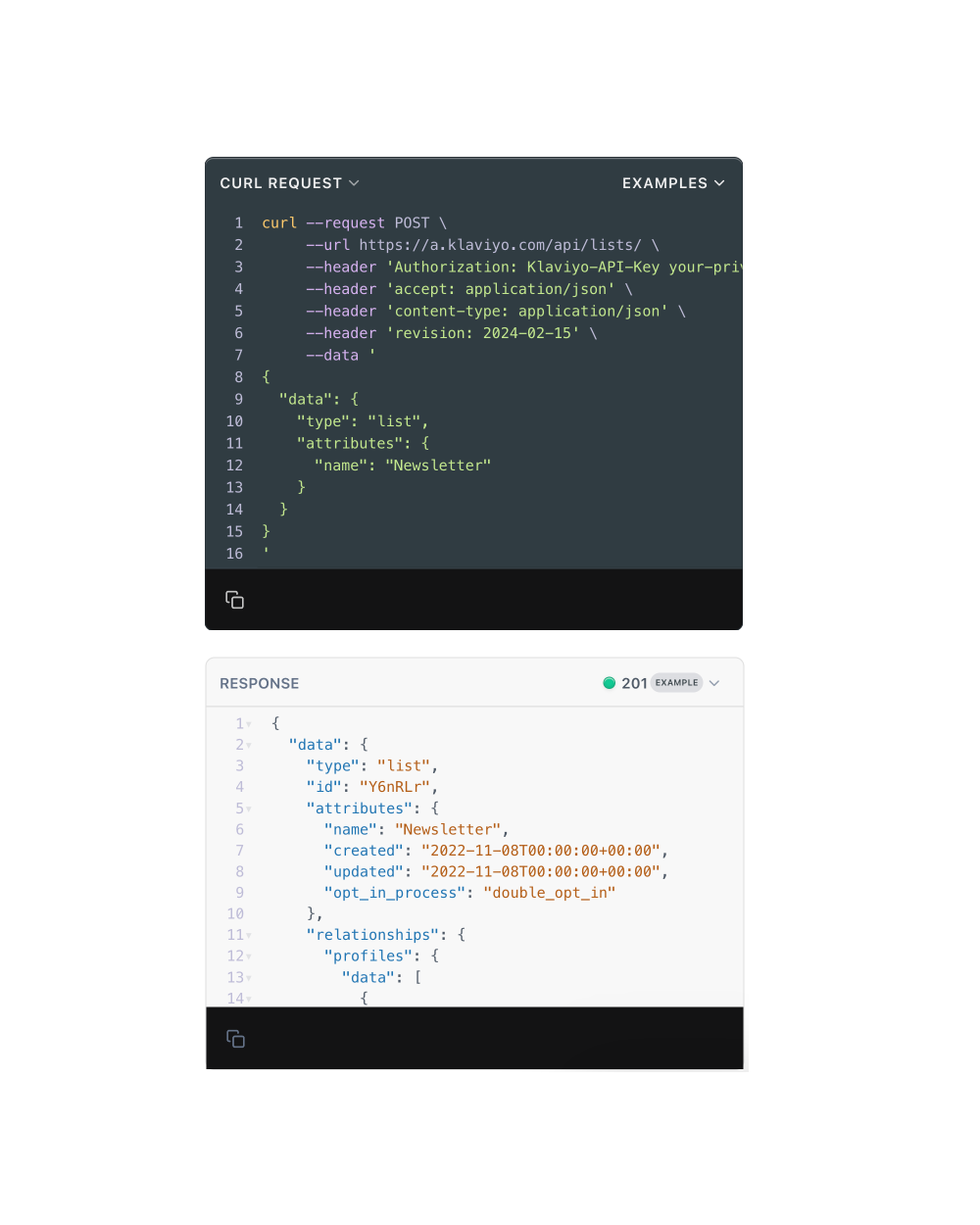 Create List example request and response