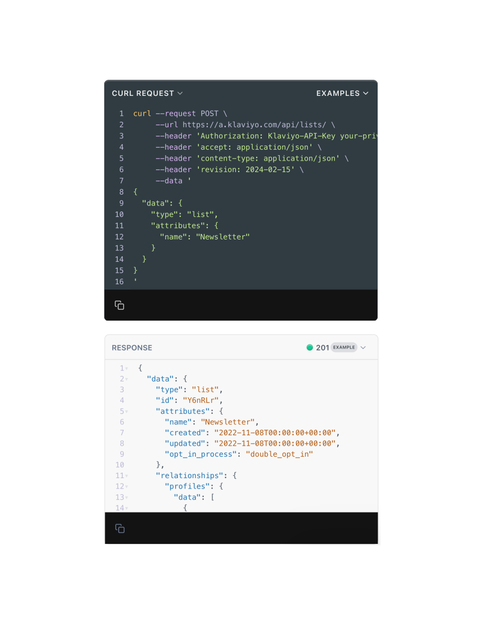 Create List example request and response