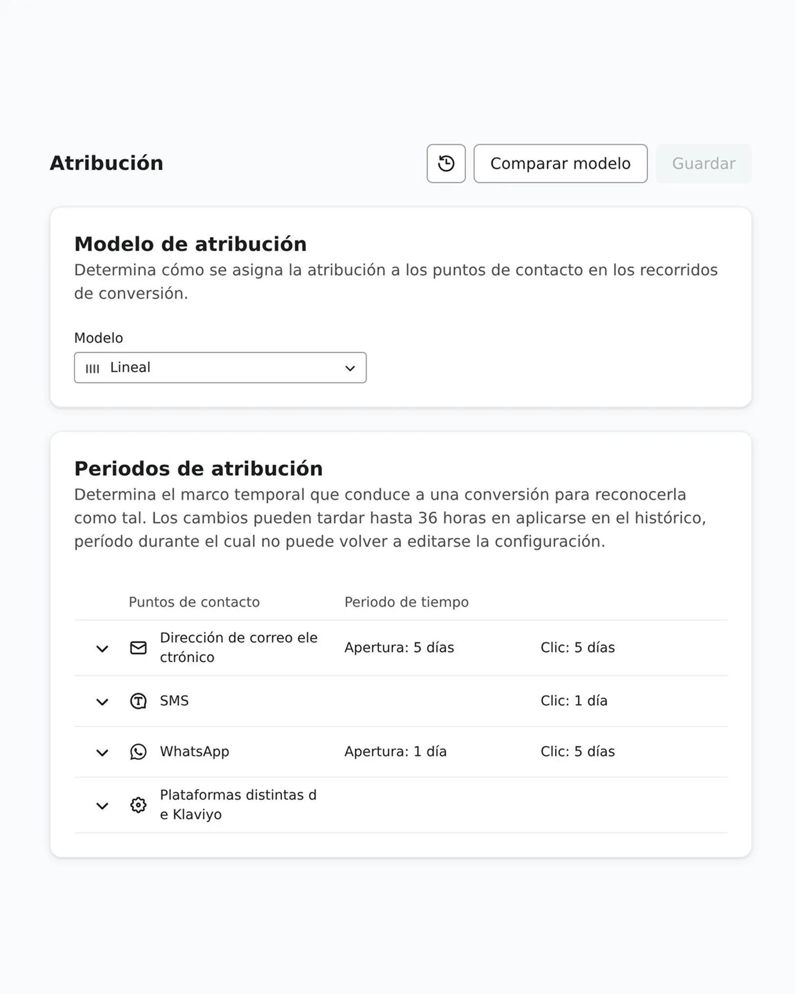 Configuración de atribución en Klaviyo