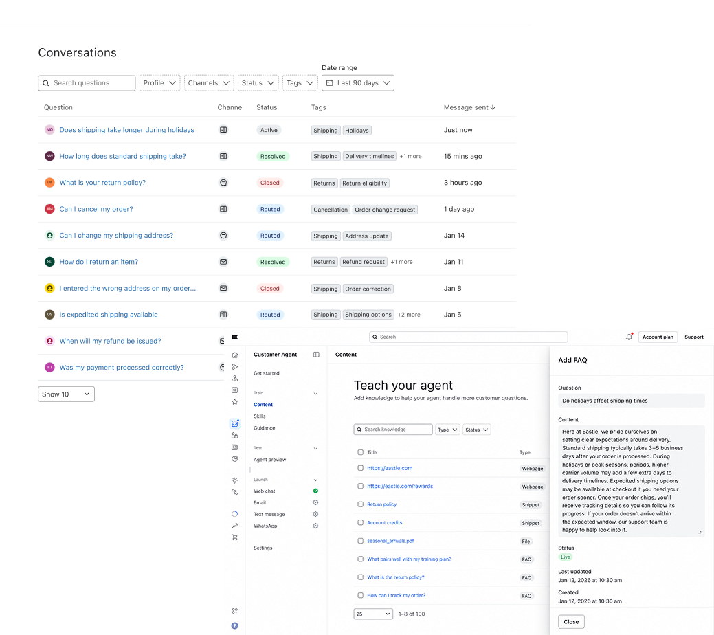 A white dashboard showing customer support conversations, a knowledge base for an AI agent, and an FAQ editing panel.