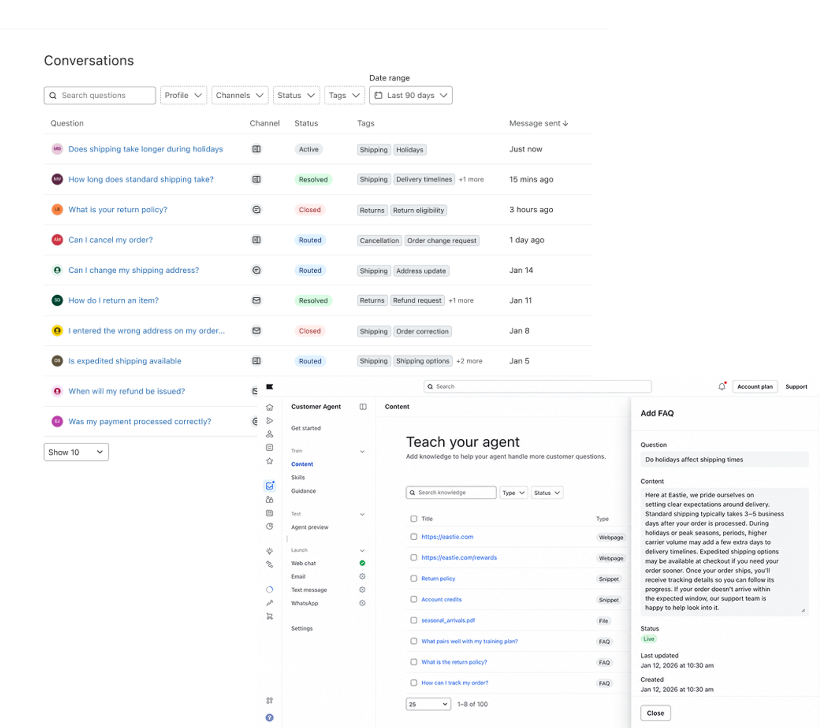 A white dashboard showing customer support conversations, a knowledge base for an AI agent, and an FAQ editing panel.