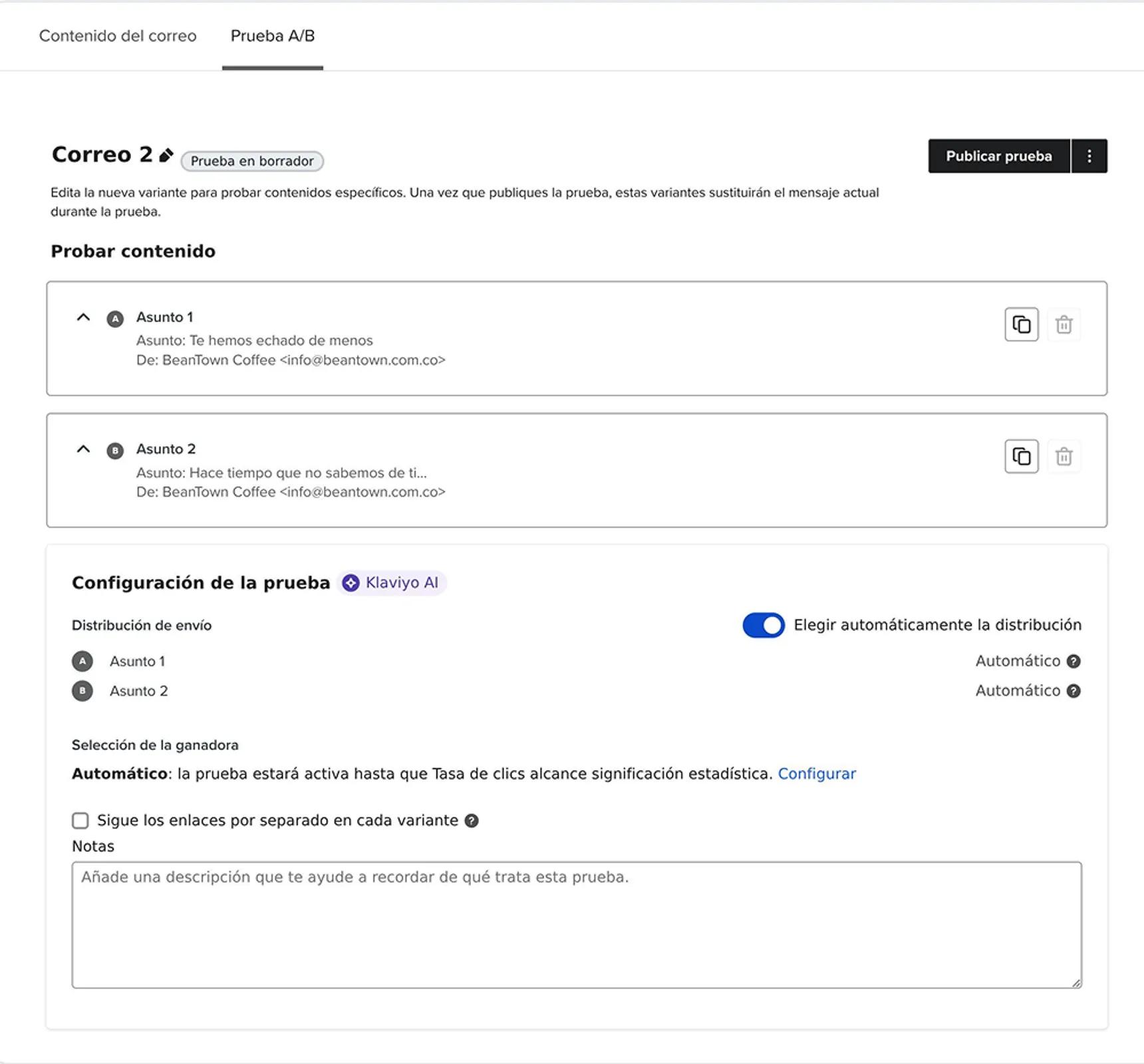 Ejemplo de una prueba A/B de flujo activa con 2 variantes de un mismo correo electrónico