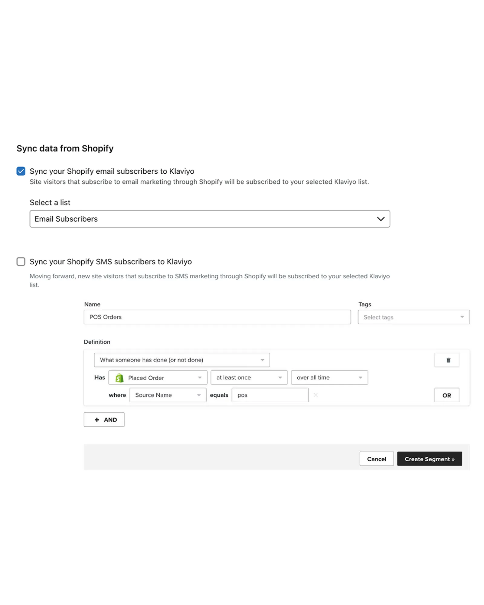 Shopify sync settings page showing profiles syncing to Klaviyo, with a segment defined as: placed order at least once all time, where Source Name equals POS.