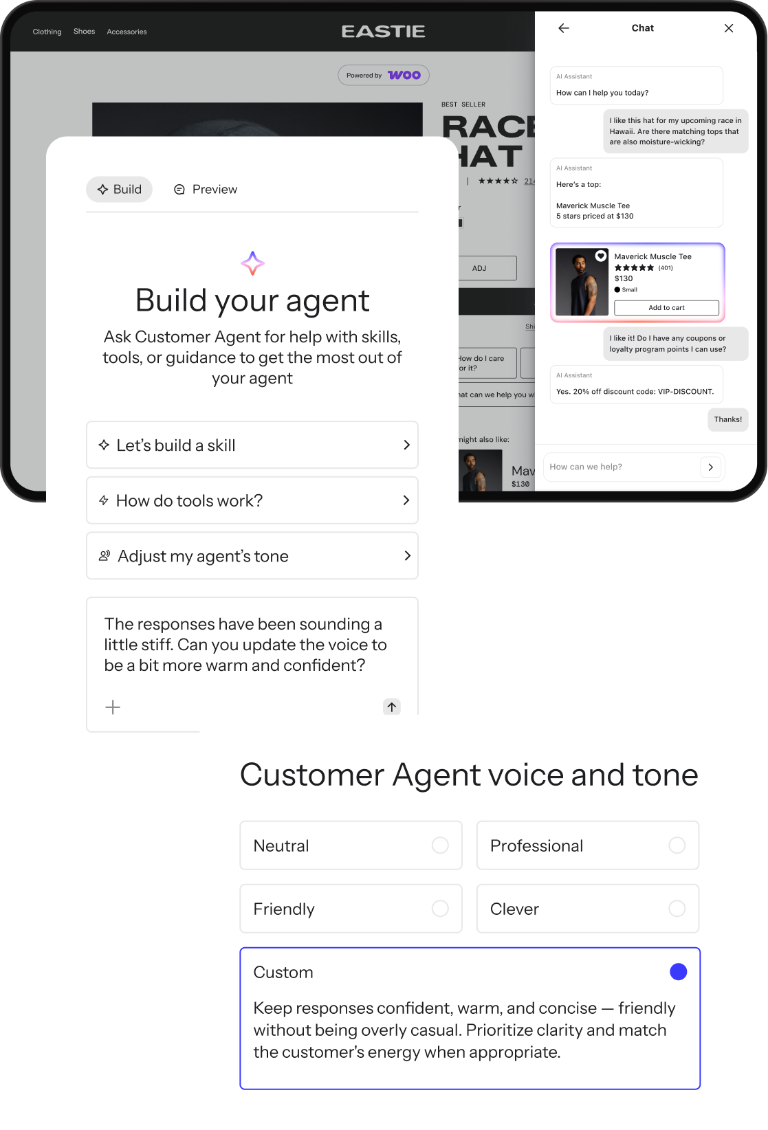 Customer Agent chat, Agent builder example, Customer Agent guidance custom tone