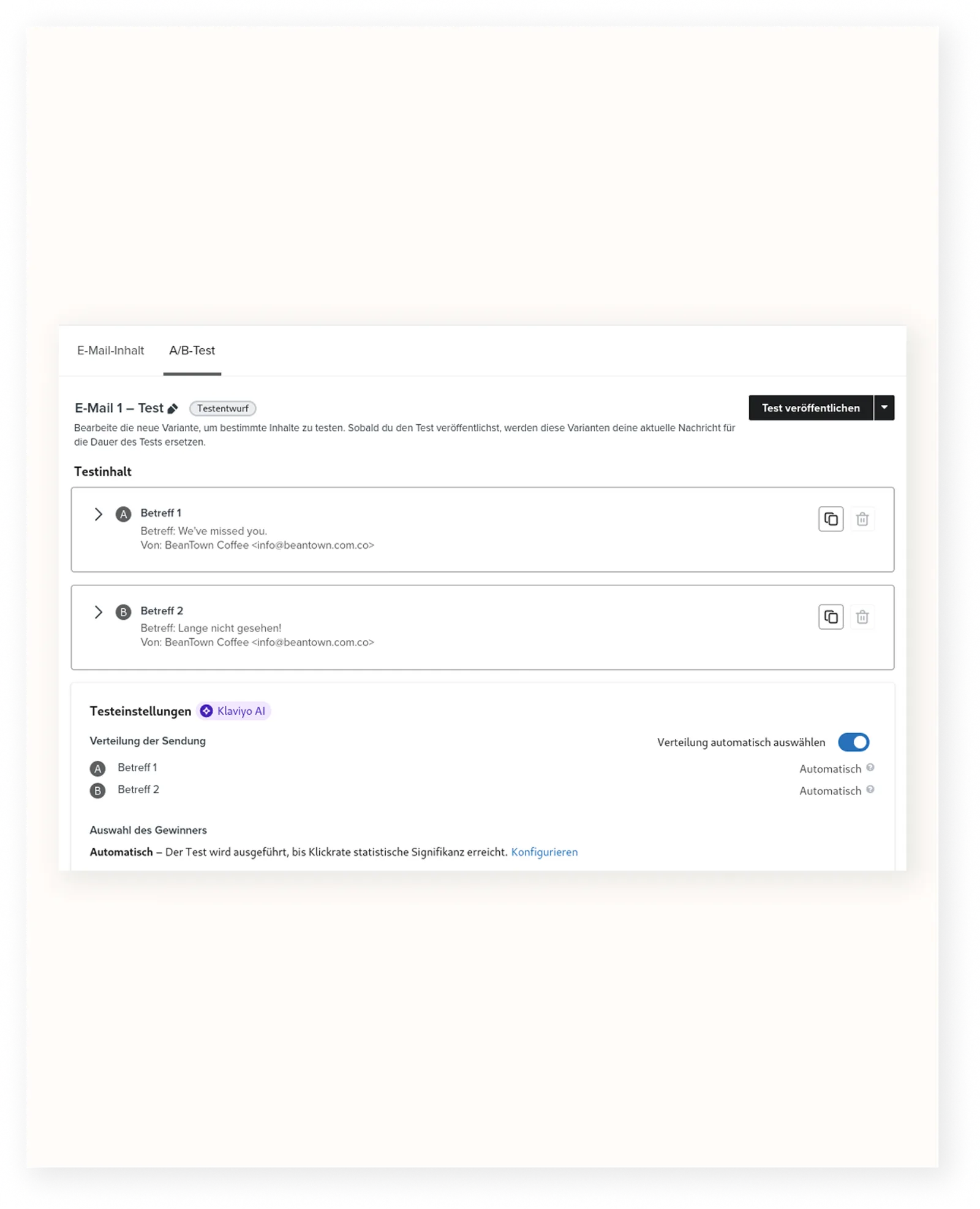 Beispiel für einen Live-A/B-Test in Flows mit zwei Varianten der gleichen E-Mail