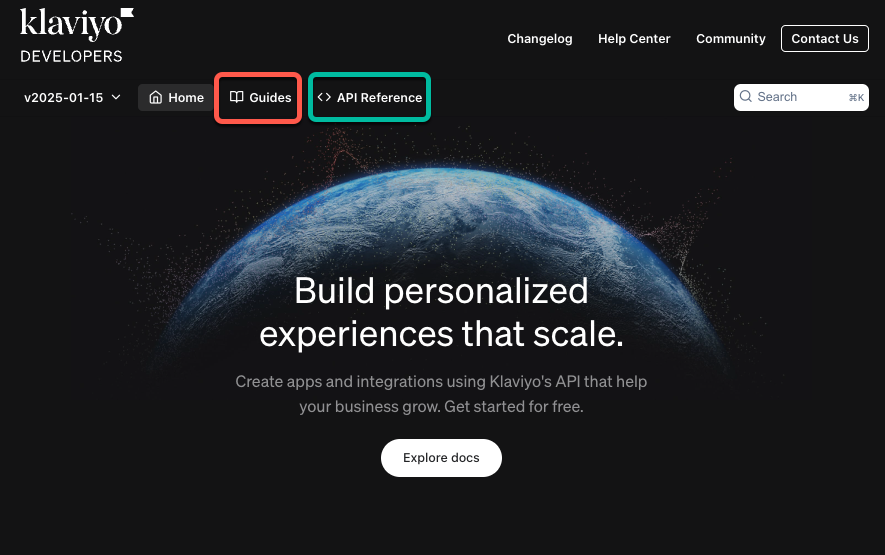 Klaviyo developer portal with Guides and API Reference highlighted
