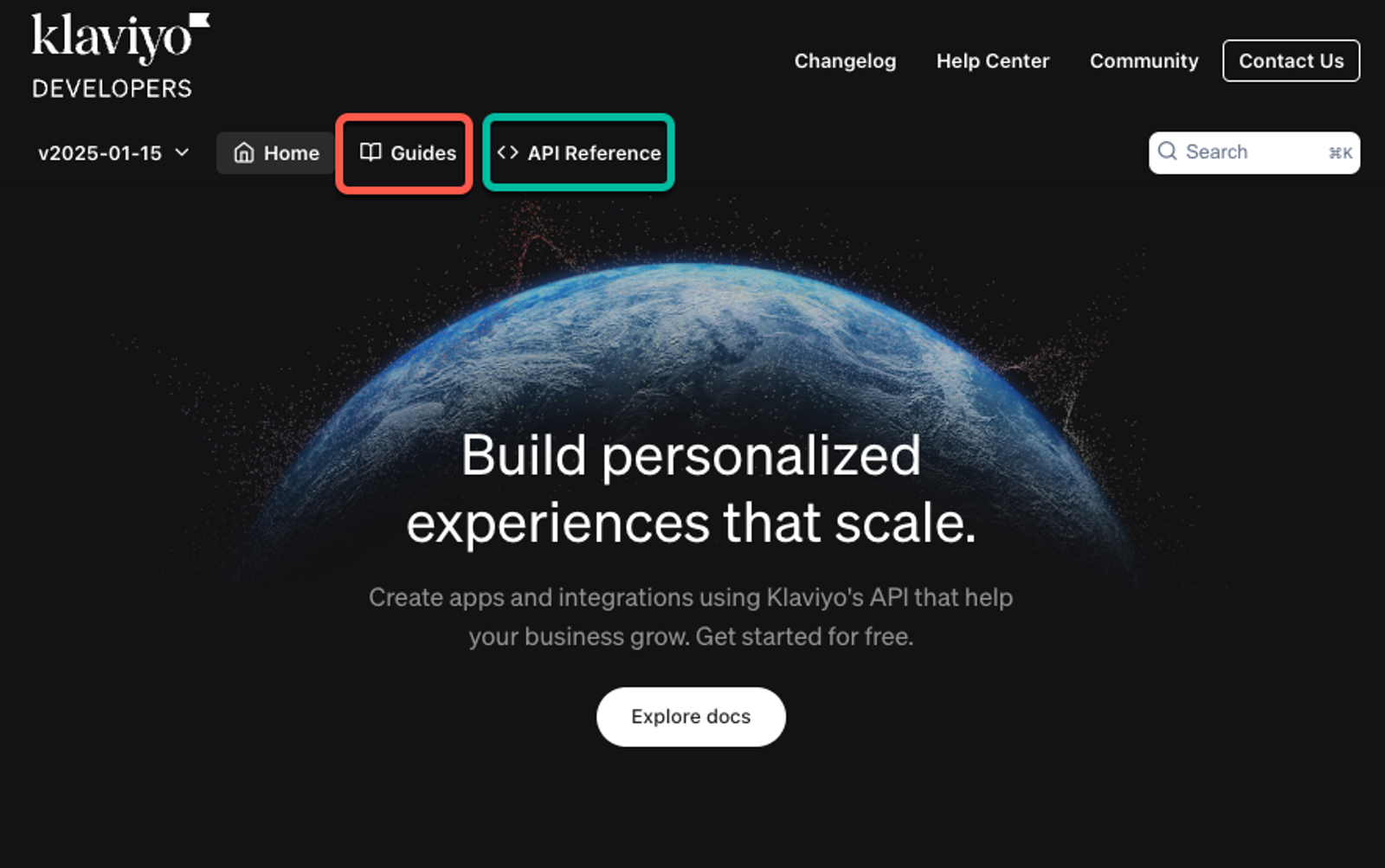 Klaviyo developer portal with Guides and API Reference highlighted
