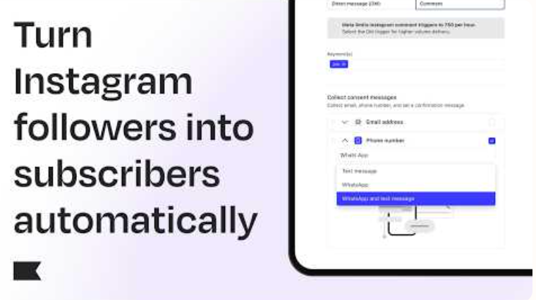 Turn Instagram followers into subscribers automatically, shown with a software interface for collecting contact information and sending messages.