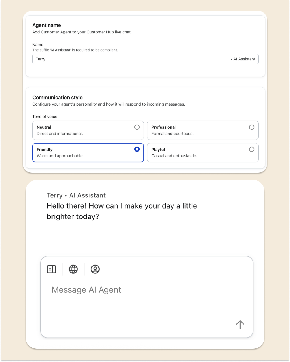 Example of an agent for a brand that has named it "Terry" and given it a "friendly" personality to match their brand voice.