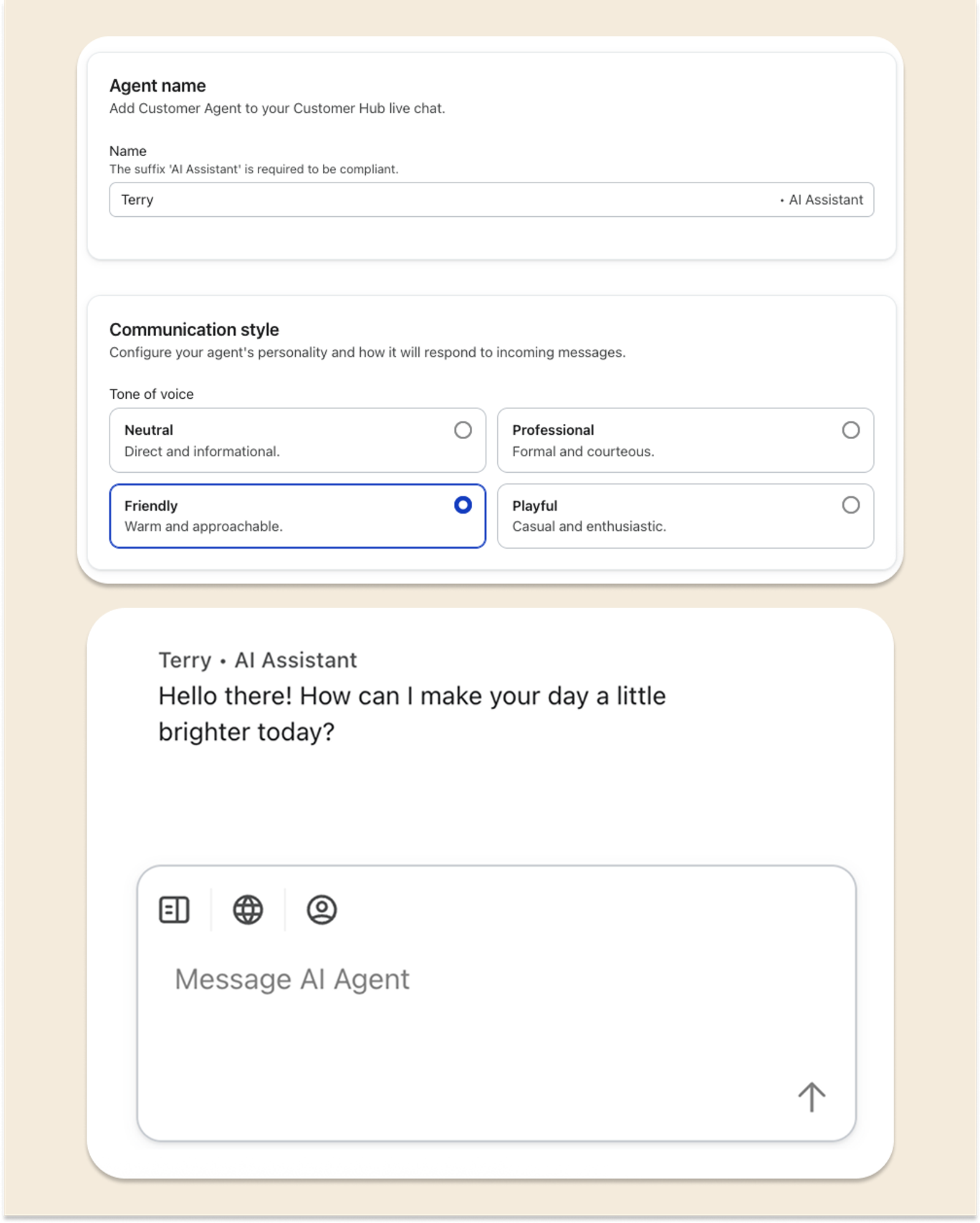 Example of an agent for a brand that has named it "Terry" and given it a "friendly" personality to match their brand voice.