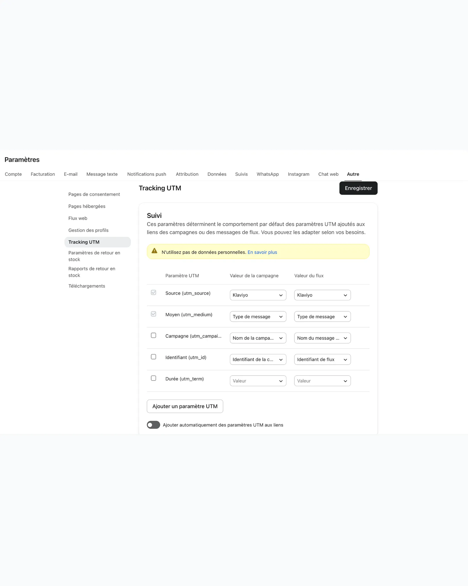 Paramètres du tracking UTM dans Klaviyo