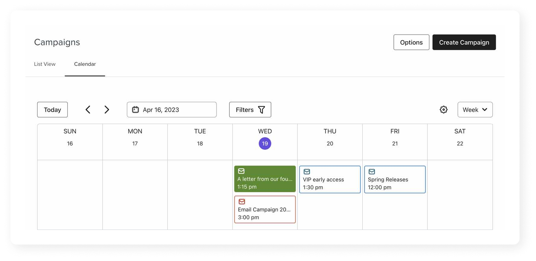 Campaign calendar view showing scheduled promotional emails.