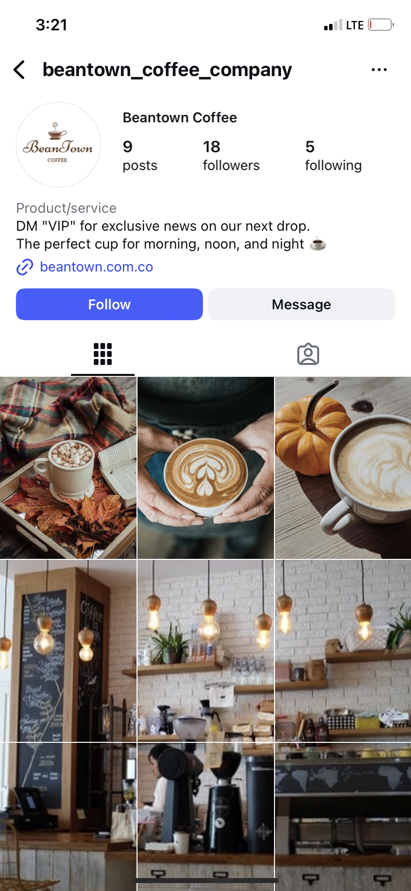Instagram profile for Beantown Coffee Company, featuring their logo, bio, follow button, and a grid of posts showing coffee drinks and the shop interior.