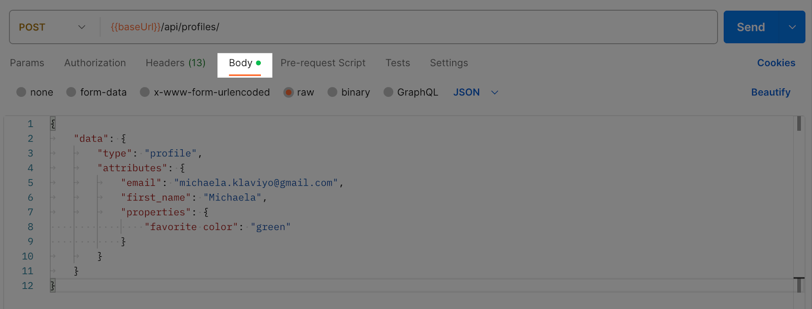 body of Create Profile API call in Postman