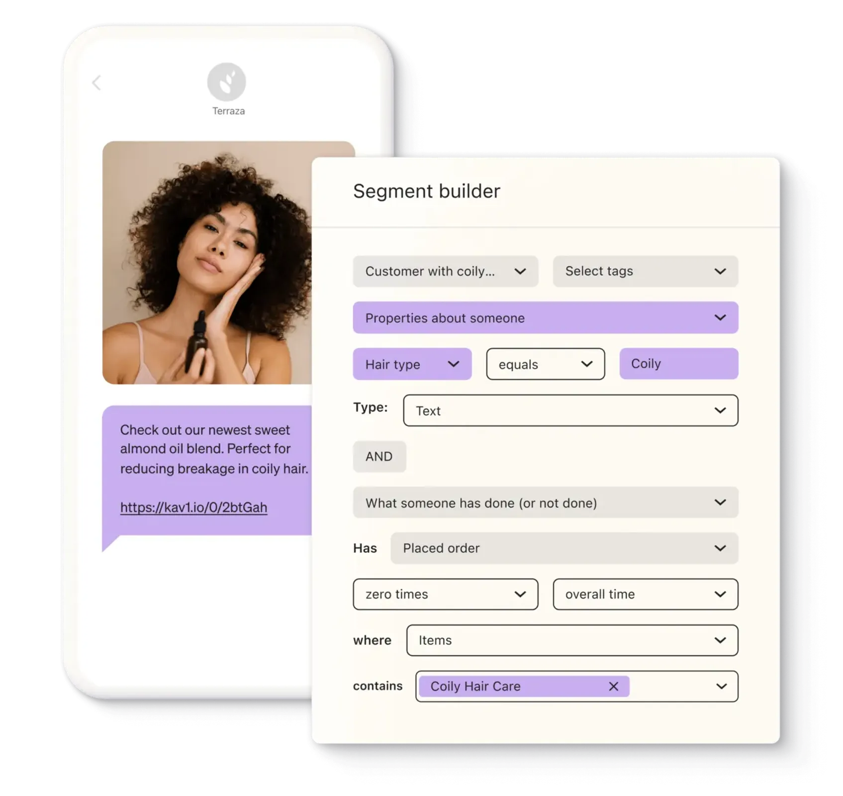 Graphic of the segment builder showing a segment of people who have Curly Hair but have never purchased a product from the Coily Hair Care range, overlayed over a text message promoting this range.
