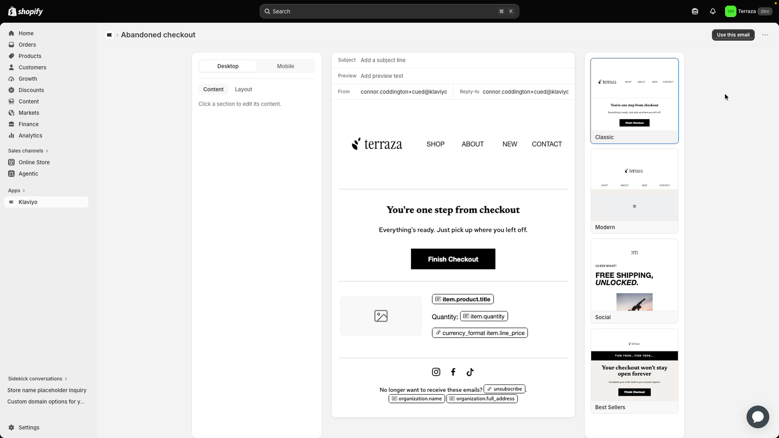 Shopify's email editor showing an abandoned checkout email draft for "Terrazza," with a "Finish Checkout" button and various email template options.