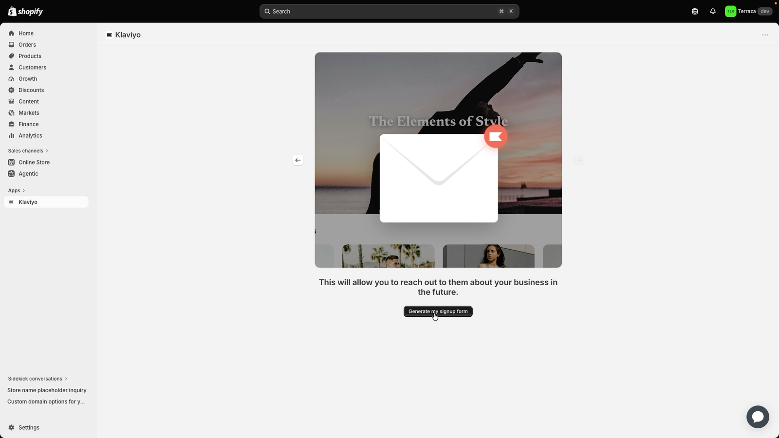 Shopify Klaviyo app page, displaying a preview of an email signup form with a "Generate my signup form" button.