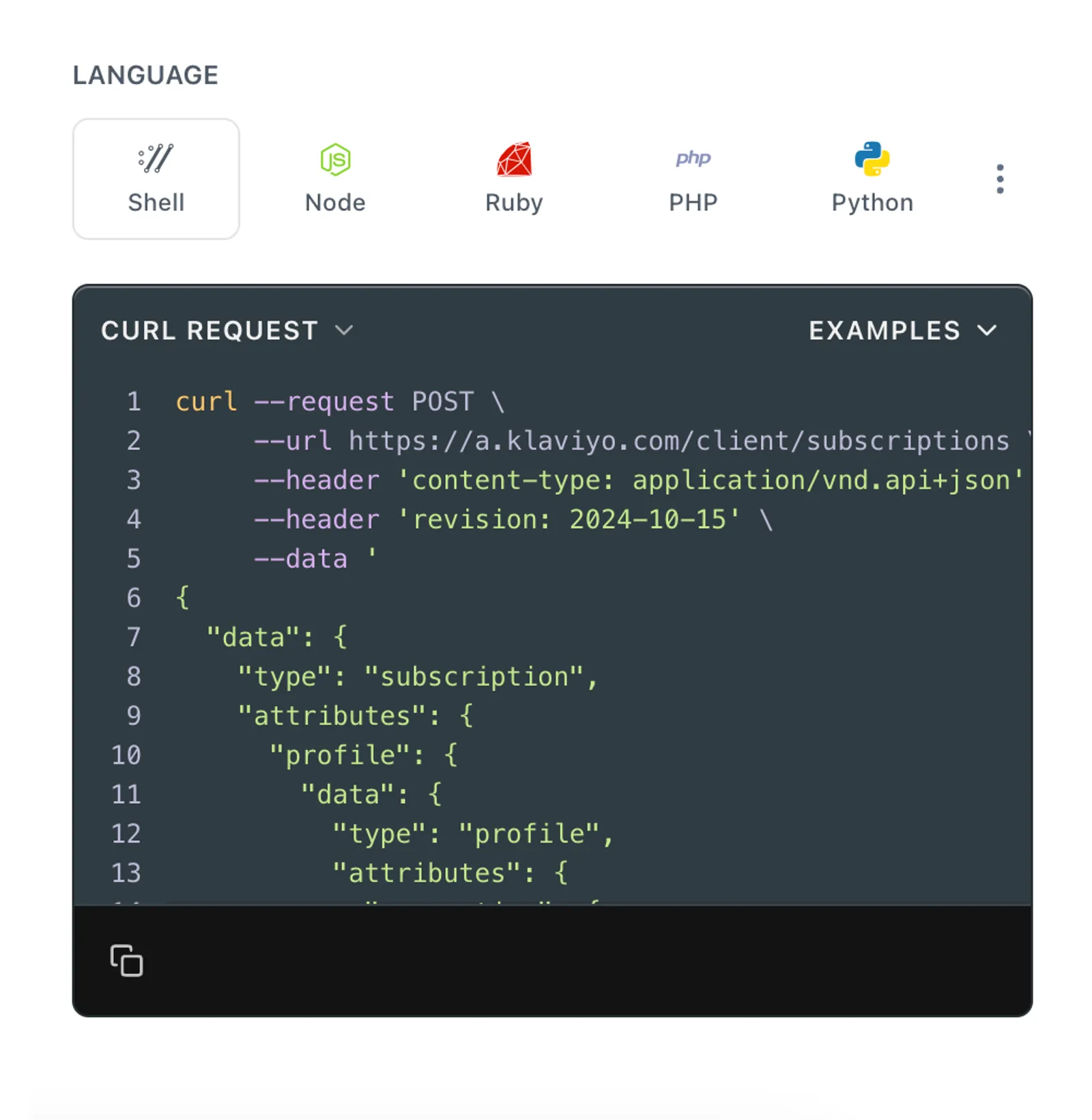 Example cURL Create Client Subscription API request