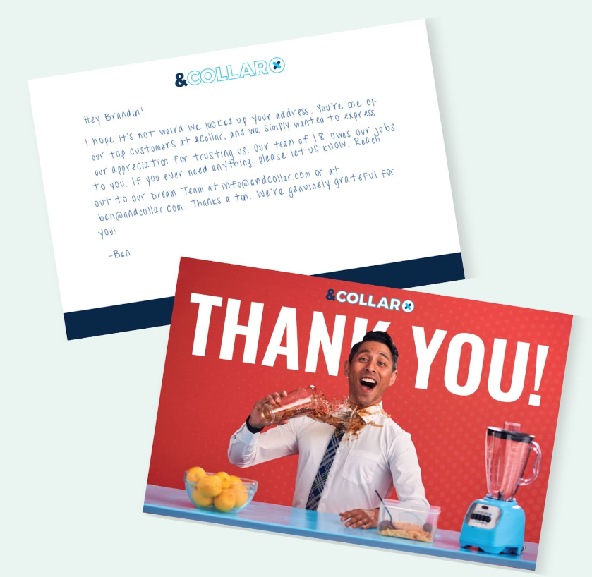 Two thank you cards from '&COLLARO': a white note with text and a red postcard with a man comically spilling a drink on himself.