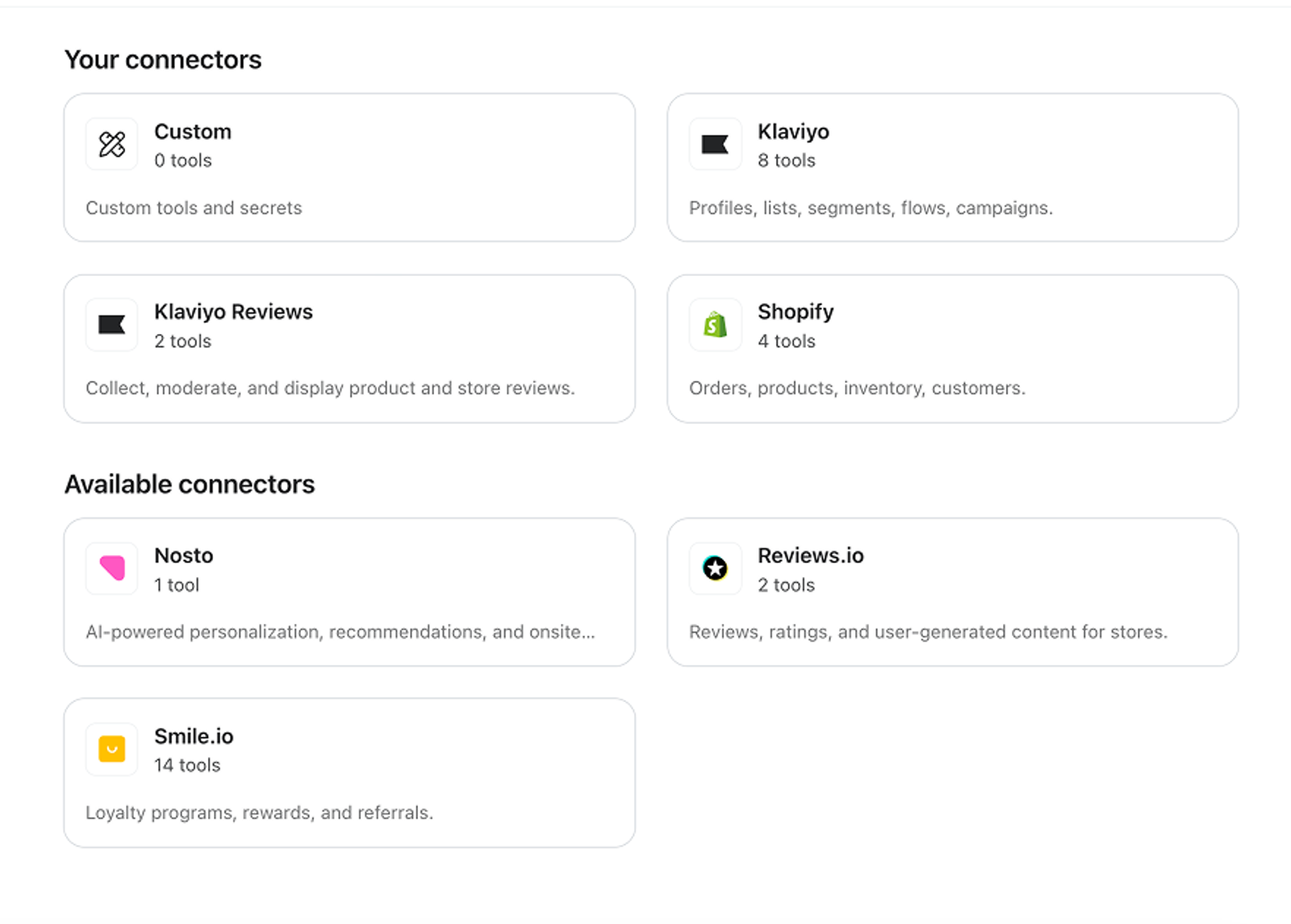 Klaviyo Customer Agent connectors tab
