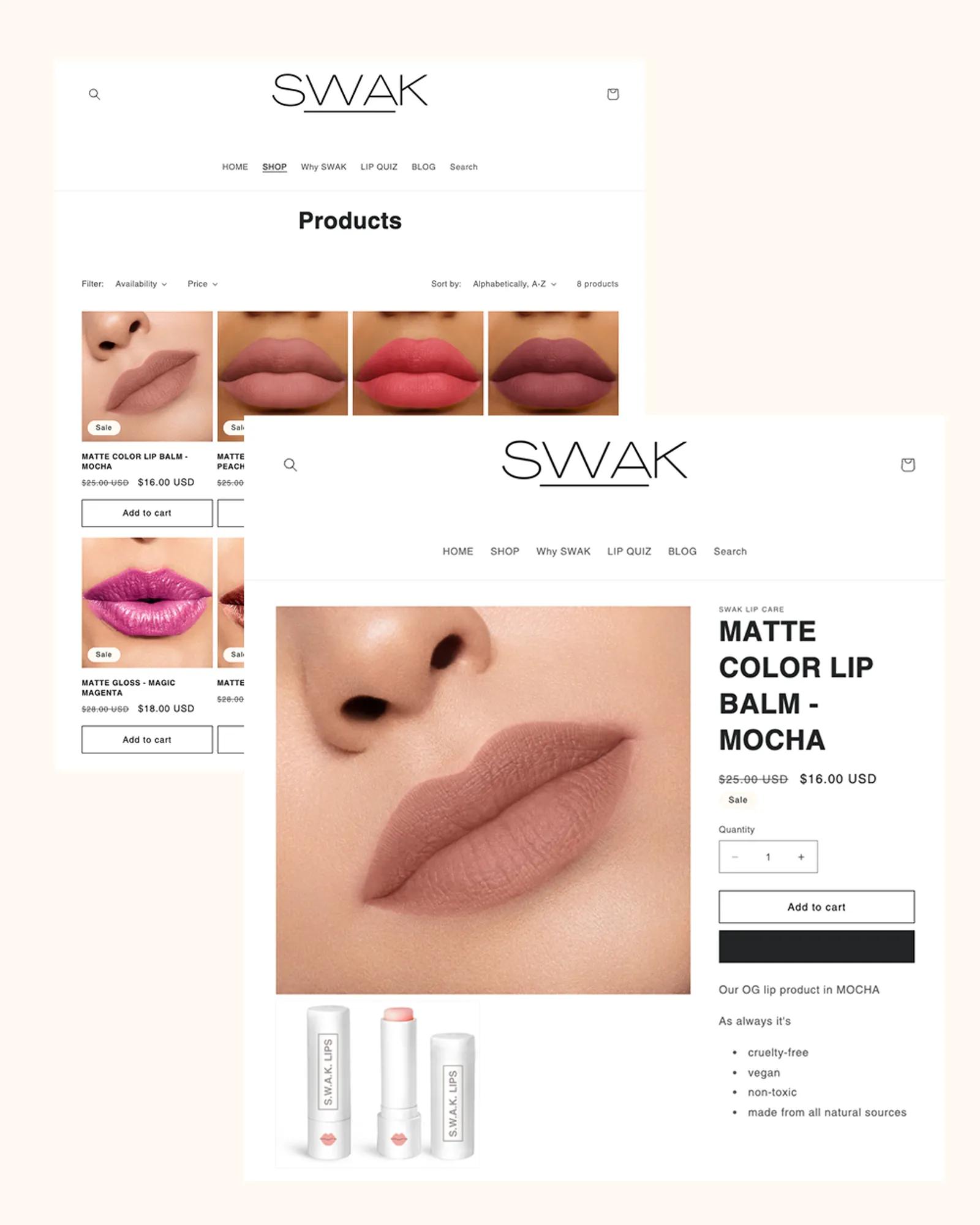 SWAK Cosmetics catalog and an individual product page for lipstick.