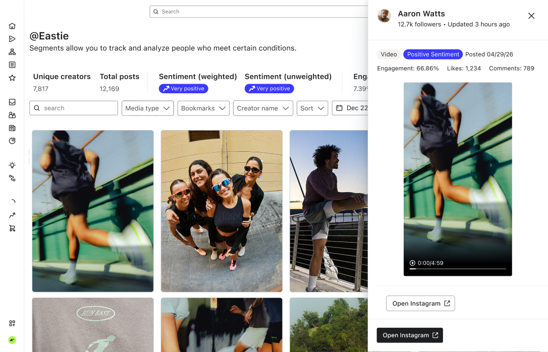 A dashboard displaying a grid of social media posts and analytics, with a pop-up on the right detailing a video post featuring a runner.