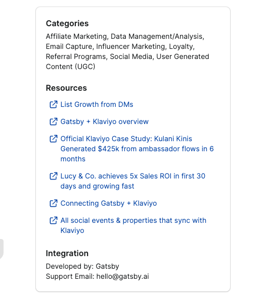 This is a screenshot of a Klaviyo integration managed by the integration partner.