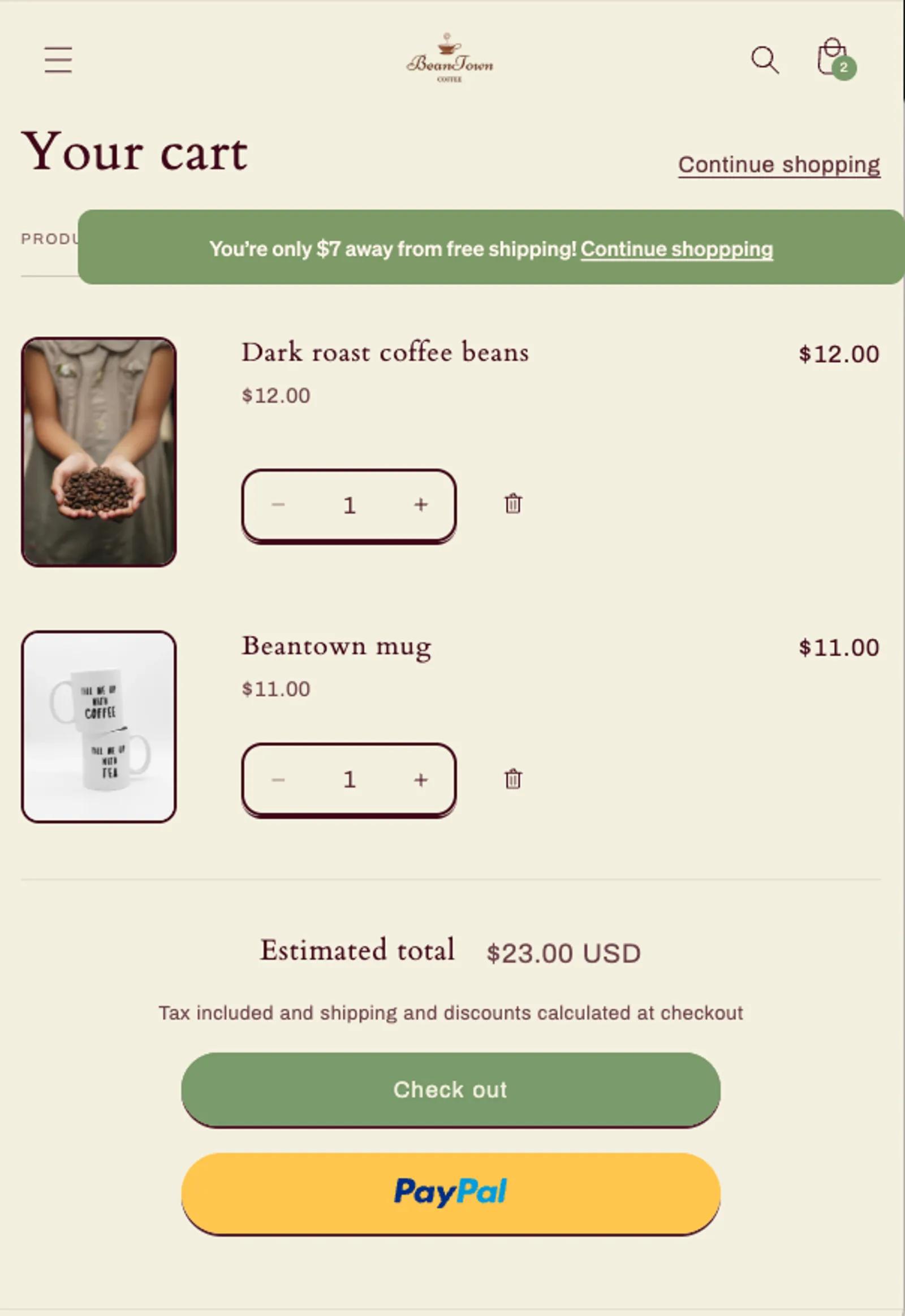 Beantown shopping cart with a free shipping banner