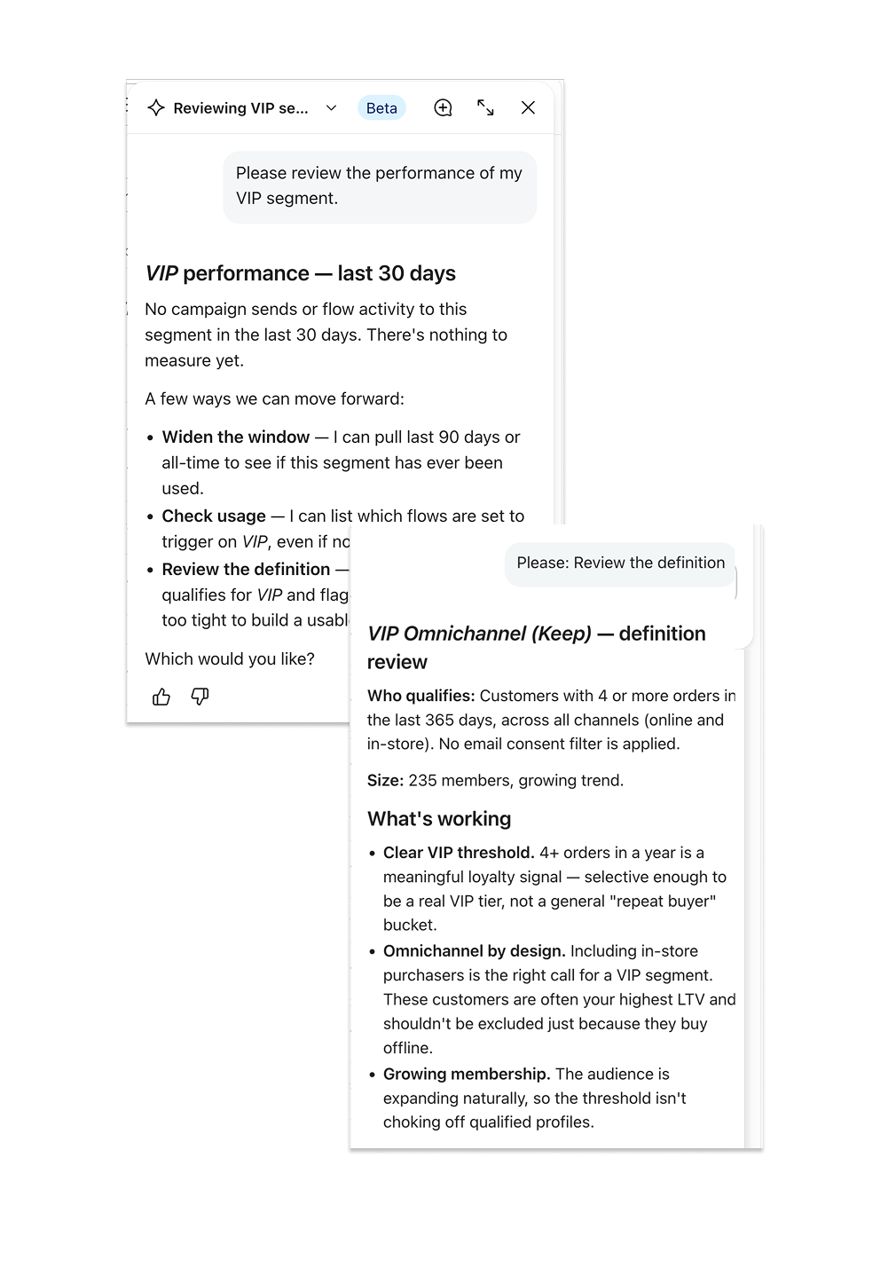 A software interface showing two overlapping reports: a "VIP performance" review with no recent activity and a "VIP Omnichannel" segment definition with qualification criteria and positive trends.