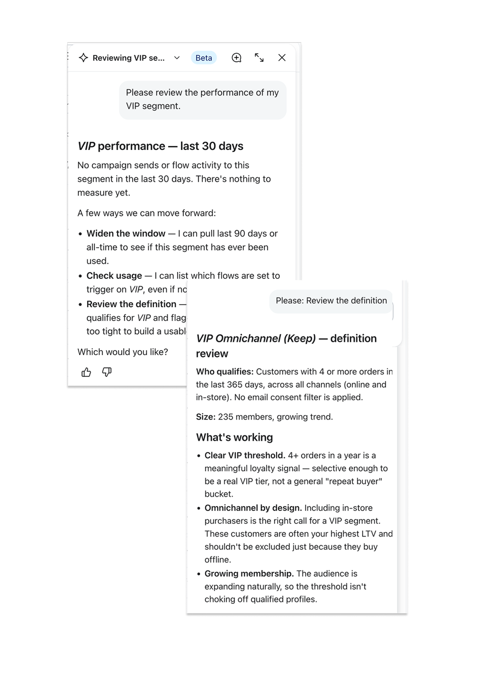 A software interface showing two overlapping reports: a "VIP performance" review with no recent activity and a "VIP Omnichannel" segment definition with qualification criteria and positive trends.