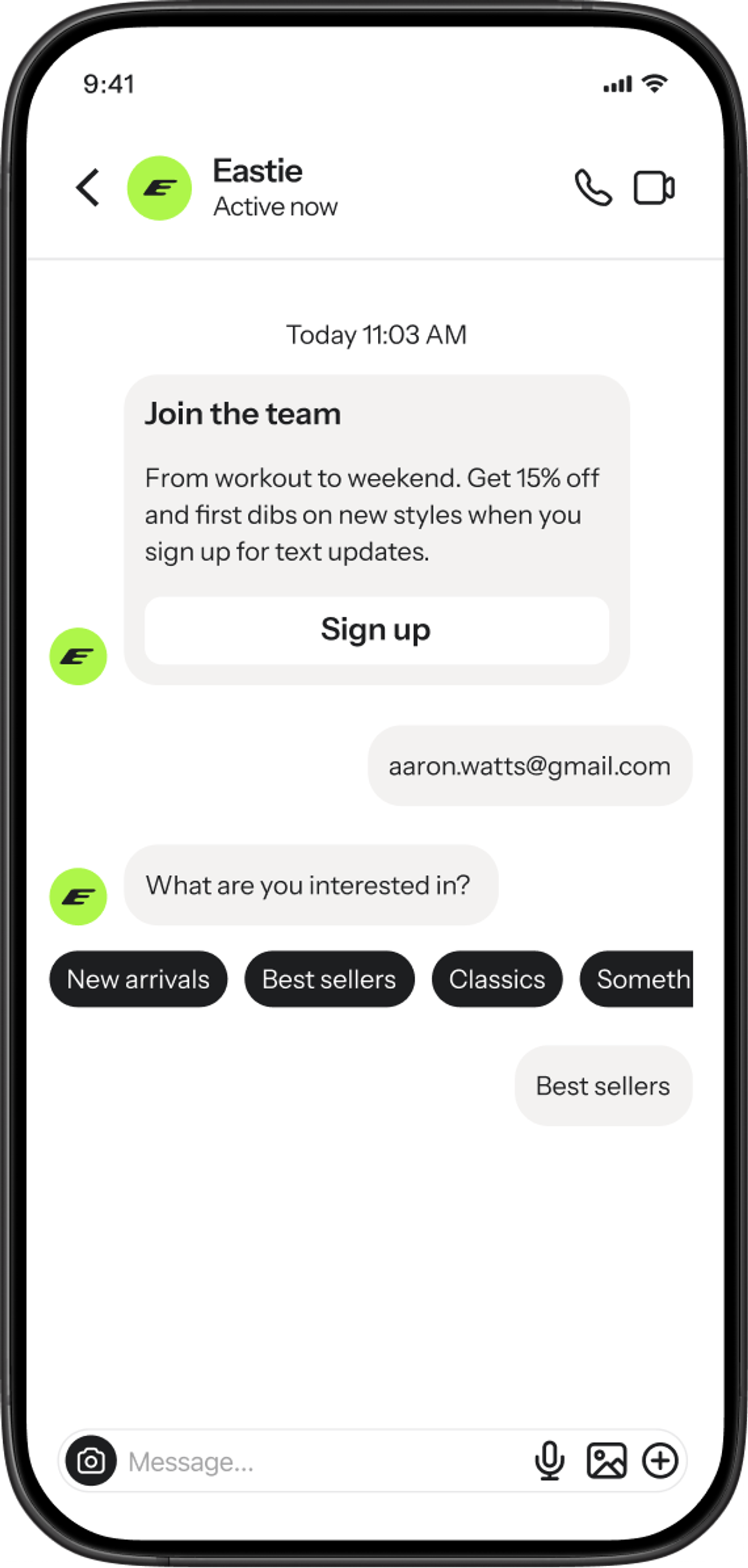 A mobile phone screen displays a chat interface with a brand named "Eastie," showing a promotional message to "Join the team" with a "Sign up" button, a user's email address as a reply, and interactive buttons offering choices like "New arrivals" and "Best sellers," with "Best sellers" highlighted as chosen.