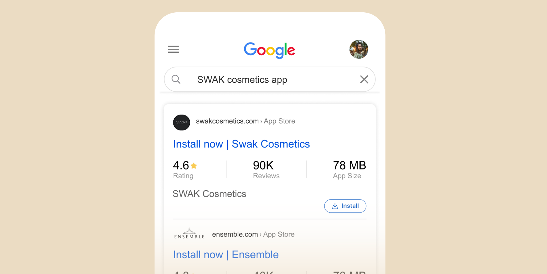 SWAK Cosmetics mobile ad's encouraging someone to download their mobile app at the App Store.