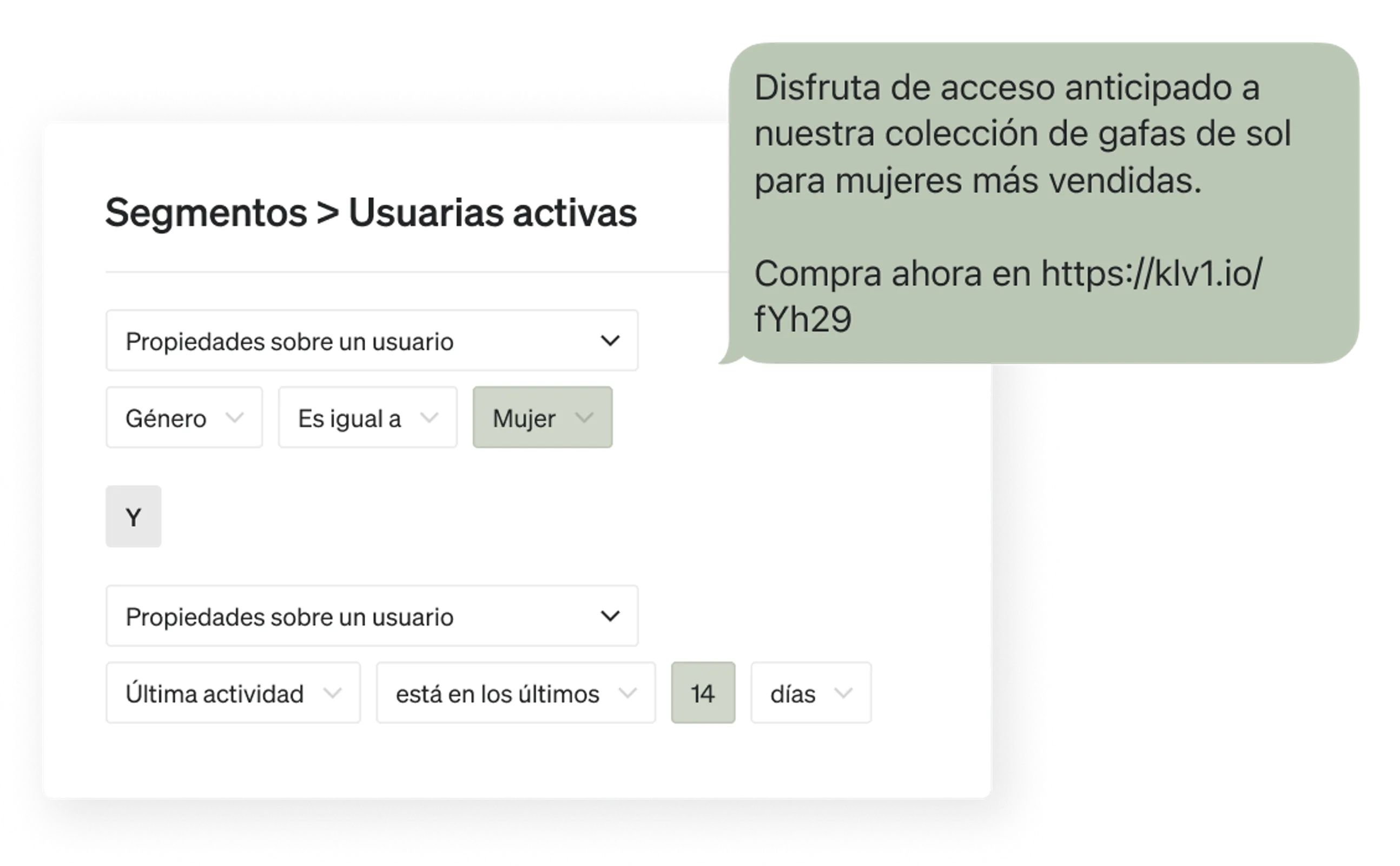 Product illustration of a segment and accompanying email promoting women's sunglasses to active female users.