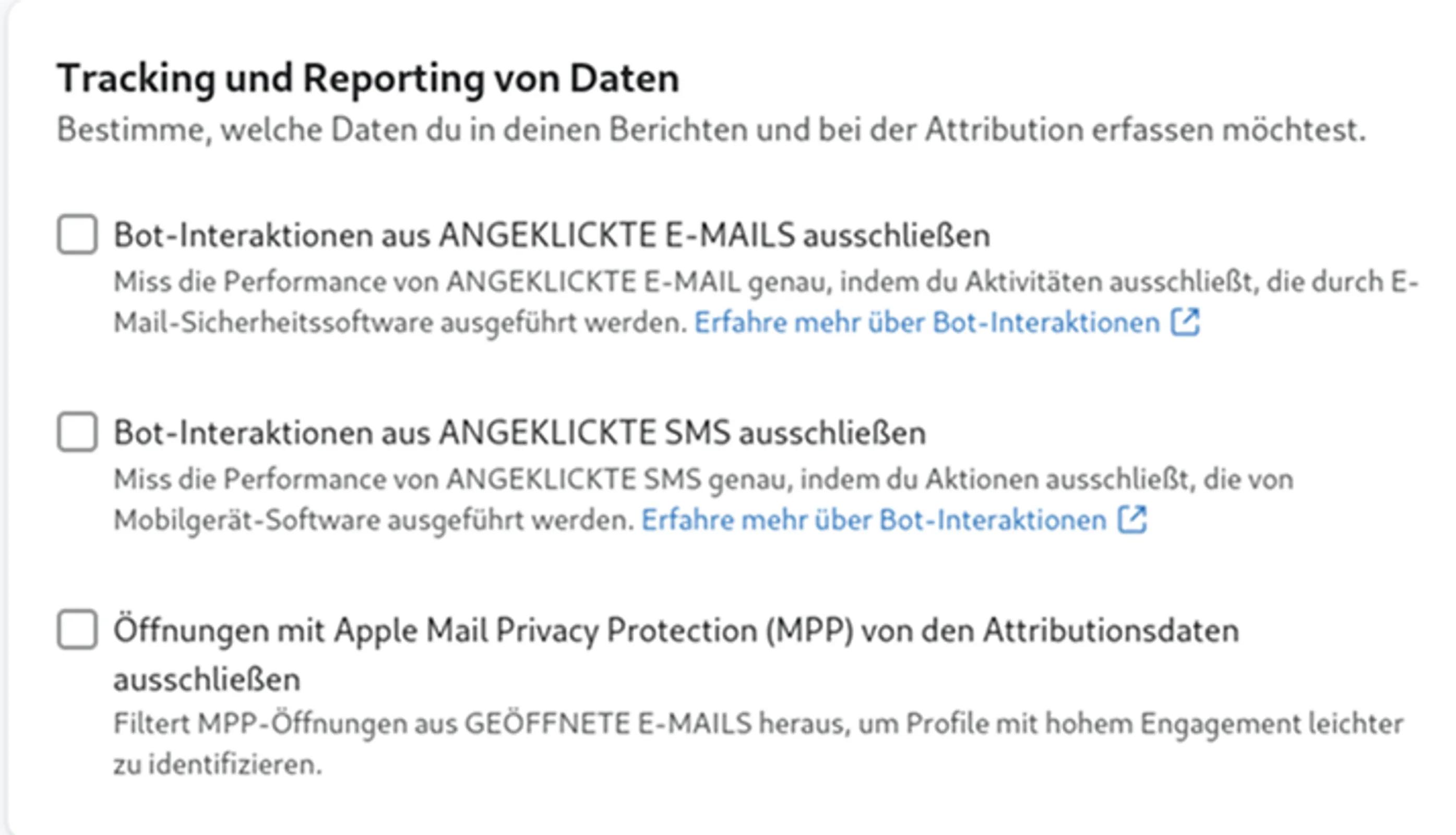 Tracking- und Reporting-Einstellungen für Bot-Klicks und Öffnungen mit Apple Privacy
