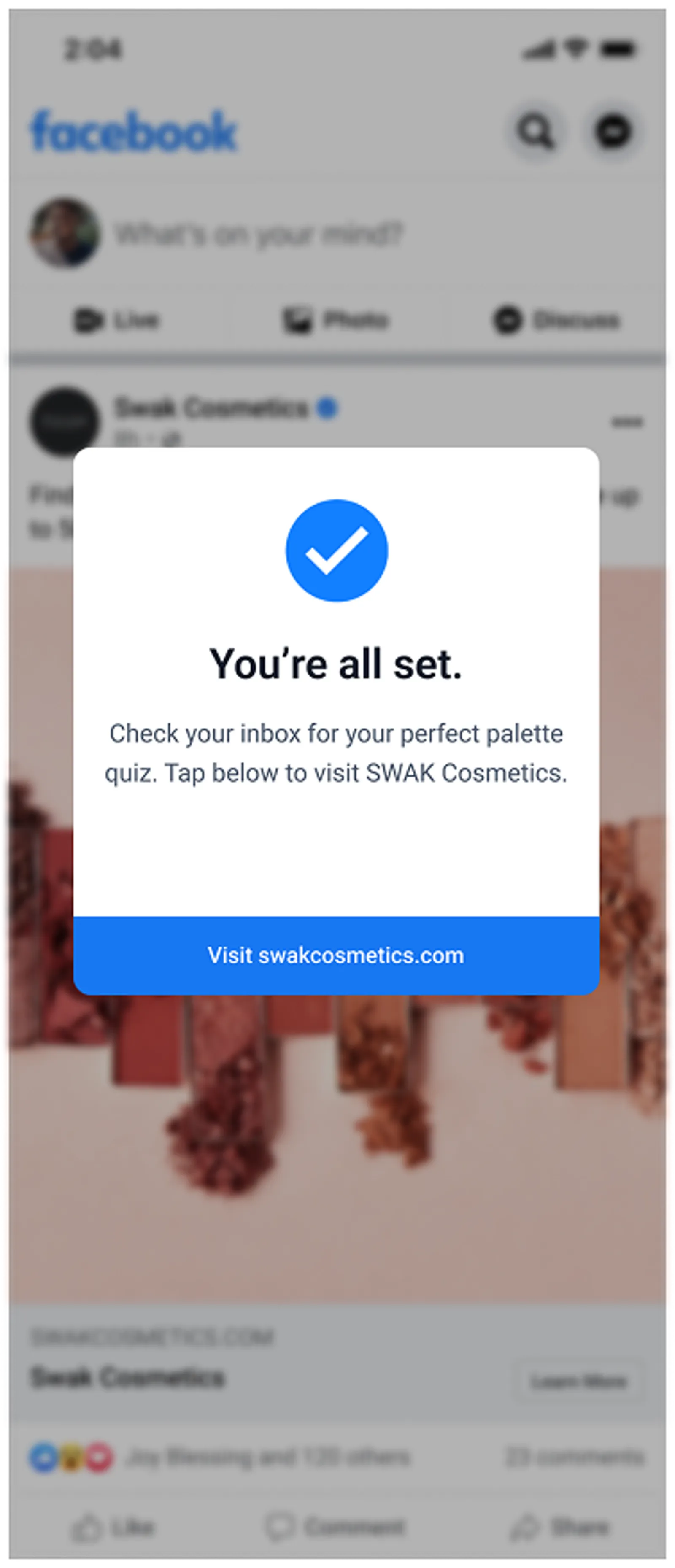 SWAK Cosmetics instant form success page.