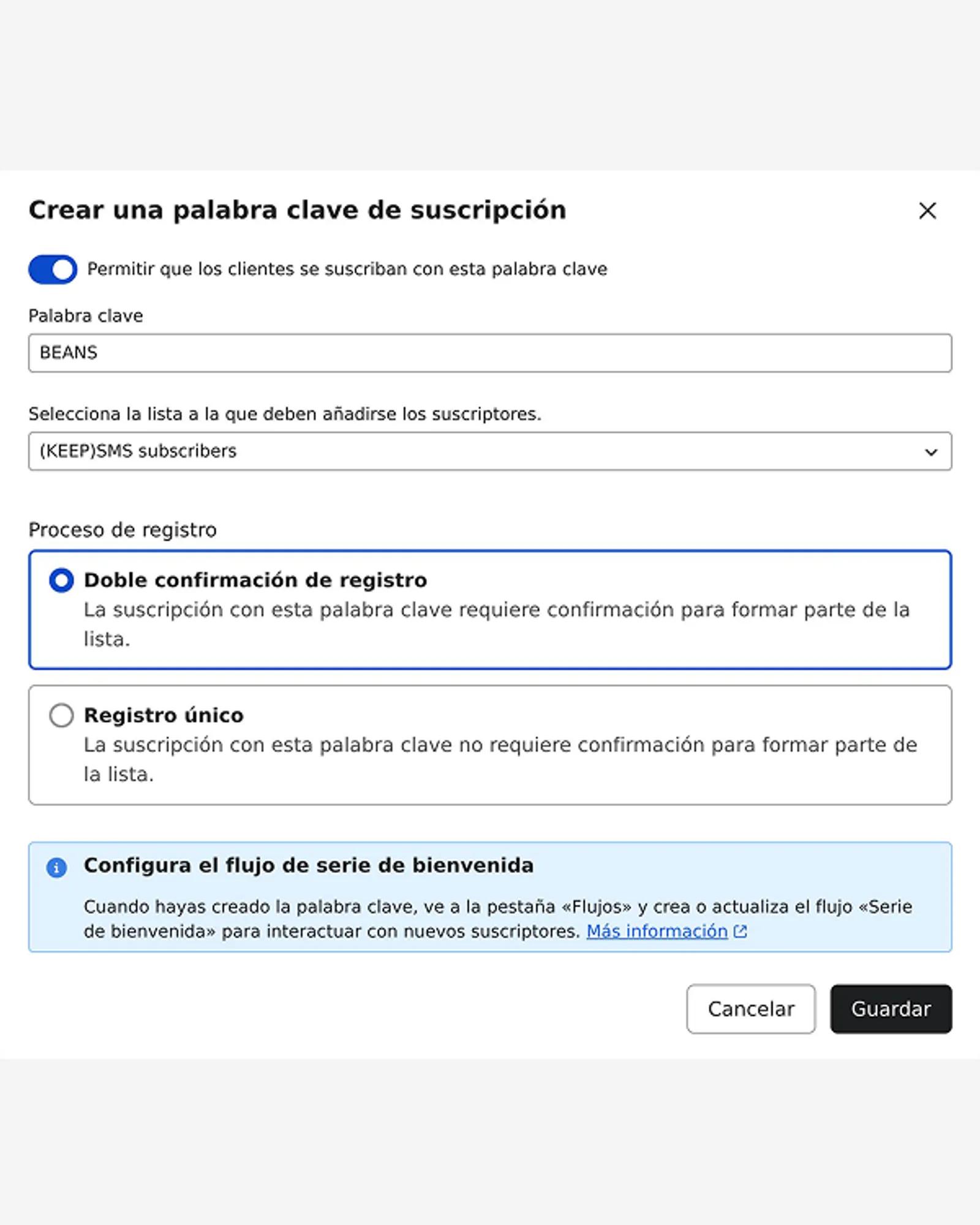 Ejemplo de la palabra clave de suscripción personalizada «CAFÉ» de Beantown