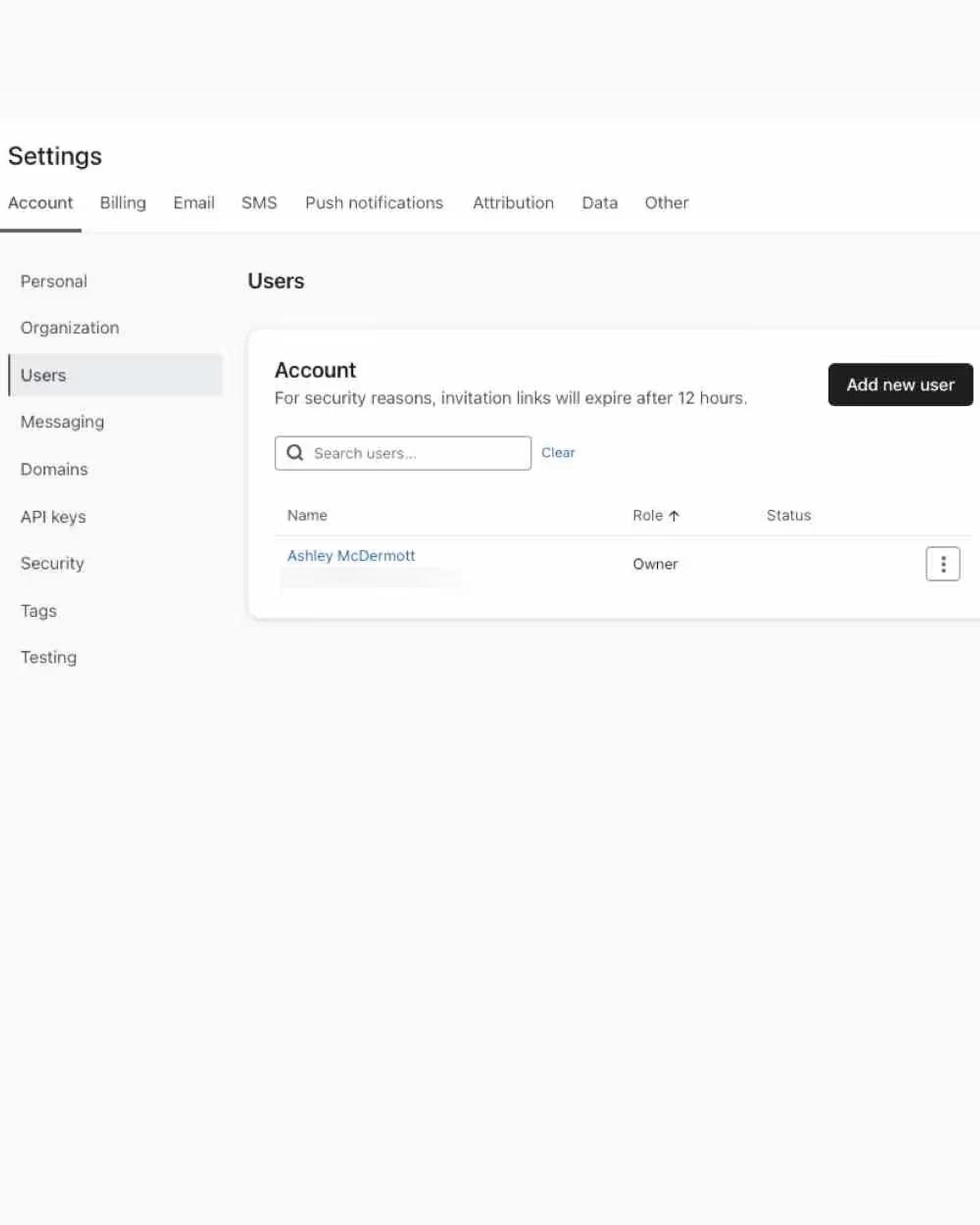 The account users page in Klaviyo.