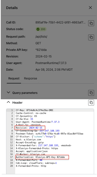 Request headers shown in API log