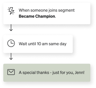 Flow sending a message with subject "A special thanks - just for you, Jenn!" to customers who join the segment "Became Champion."