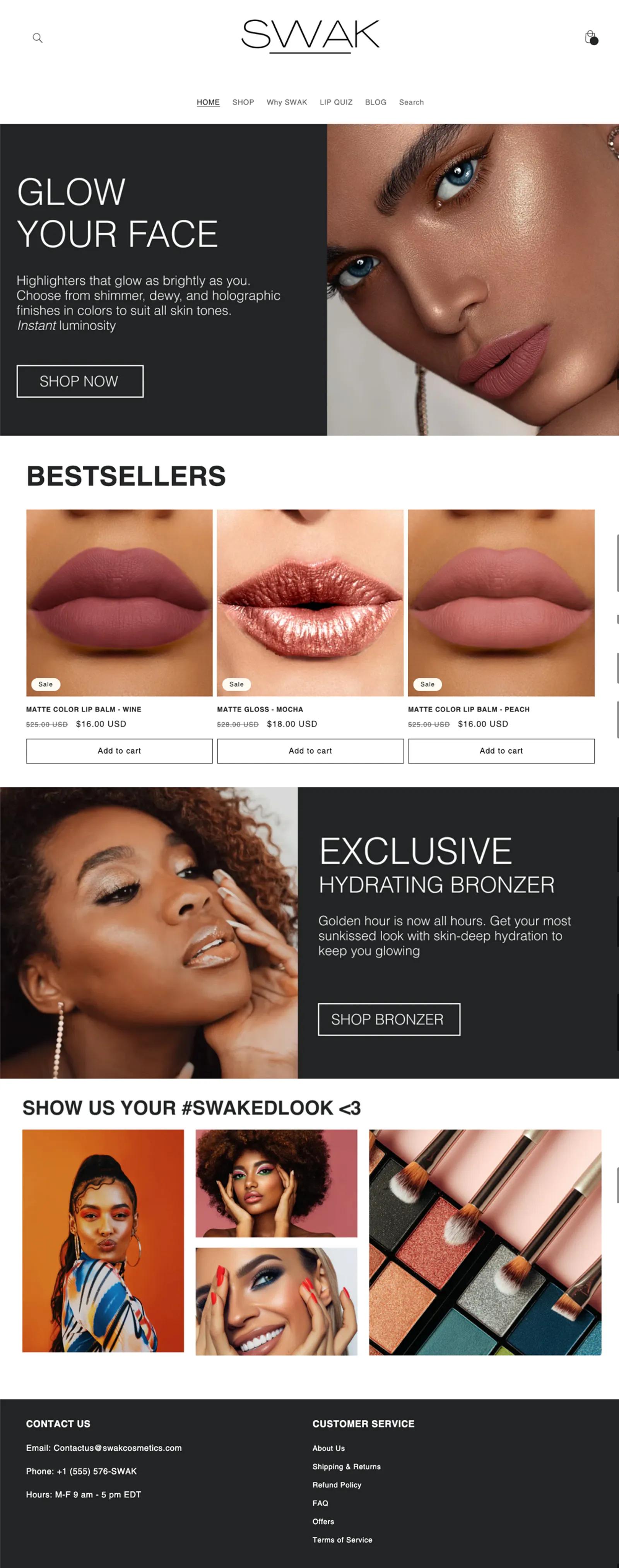 SWAK Cosmetics homepage.