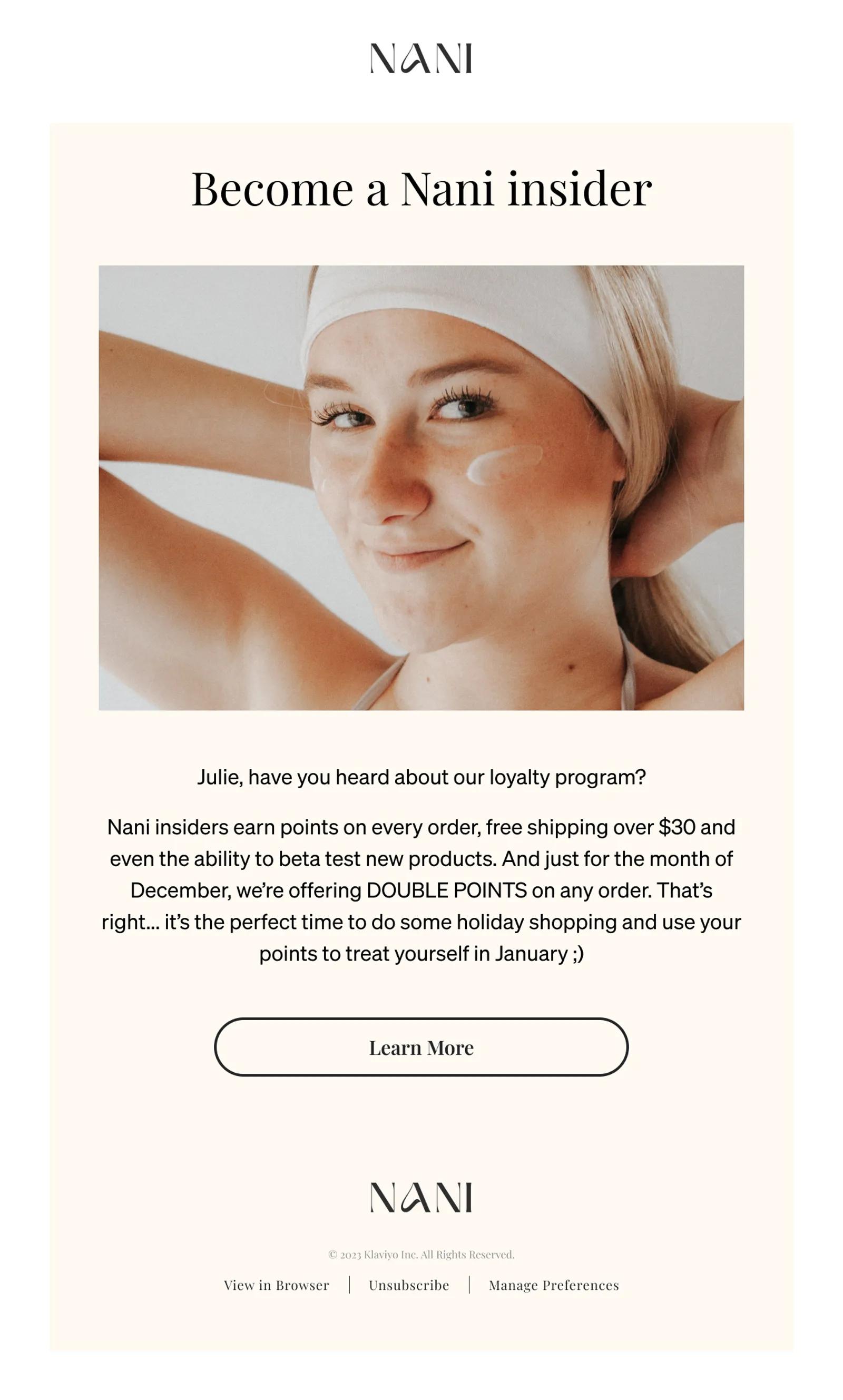 Email promoting Nani's loyalty program, offering double points throughout December.